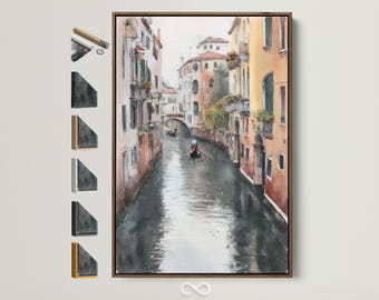May include: Watercolor painting of a Venetian canal scene, featuring buildings with warm tones and a gondola. The artwork is framed in a dark wood, with various frame samples displayed to the left.