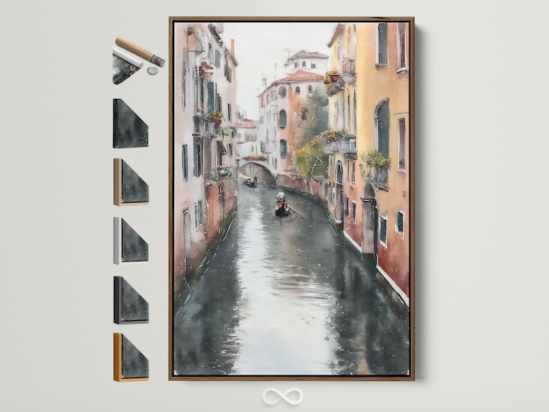 Painterly canal cityscape with warm buildings, grey water reflections and a small gondola-like boat