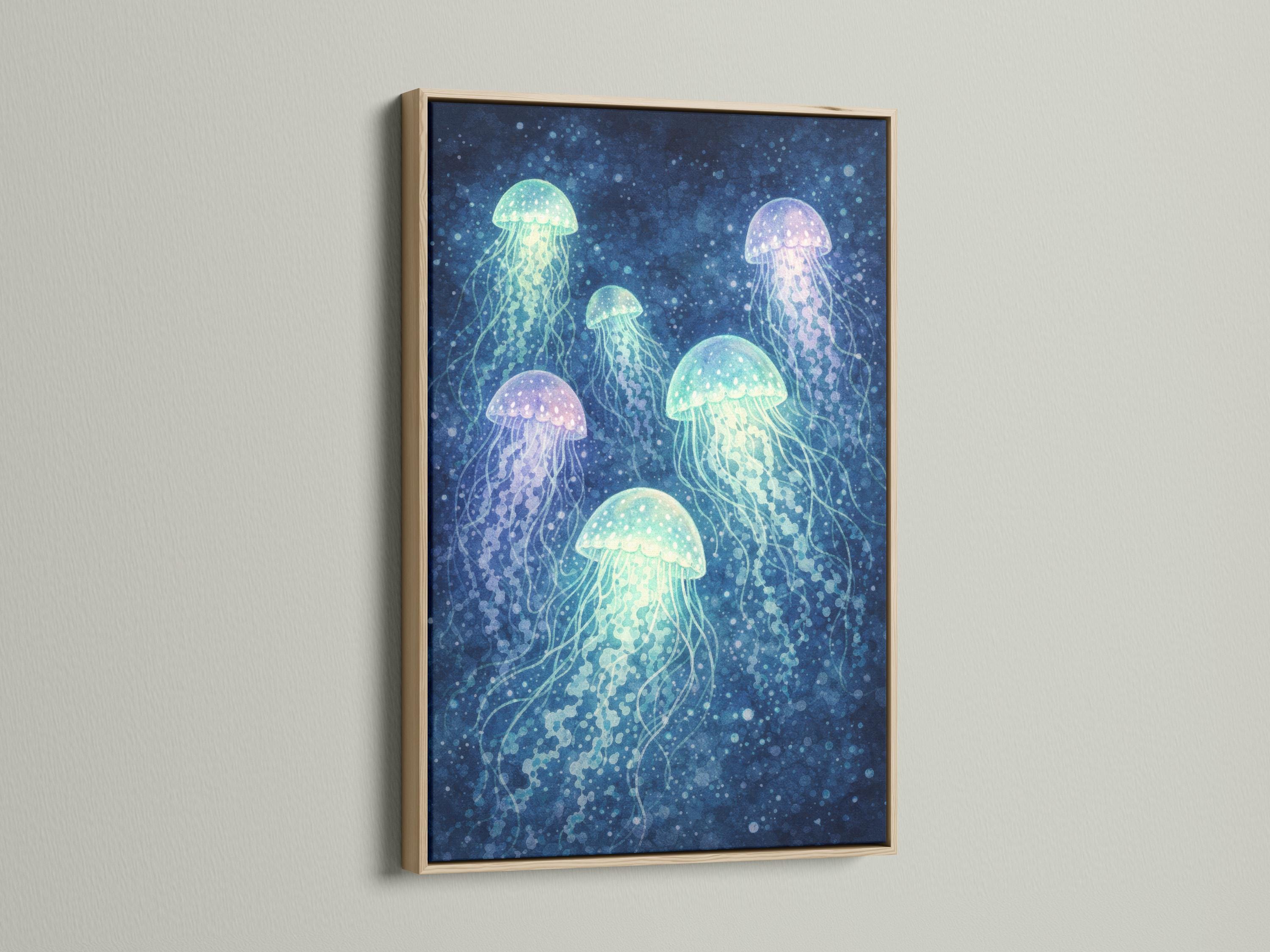 Glowing jellyfish in deep blue water with mint, aqua and lilac tones detail view
