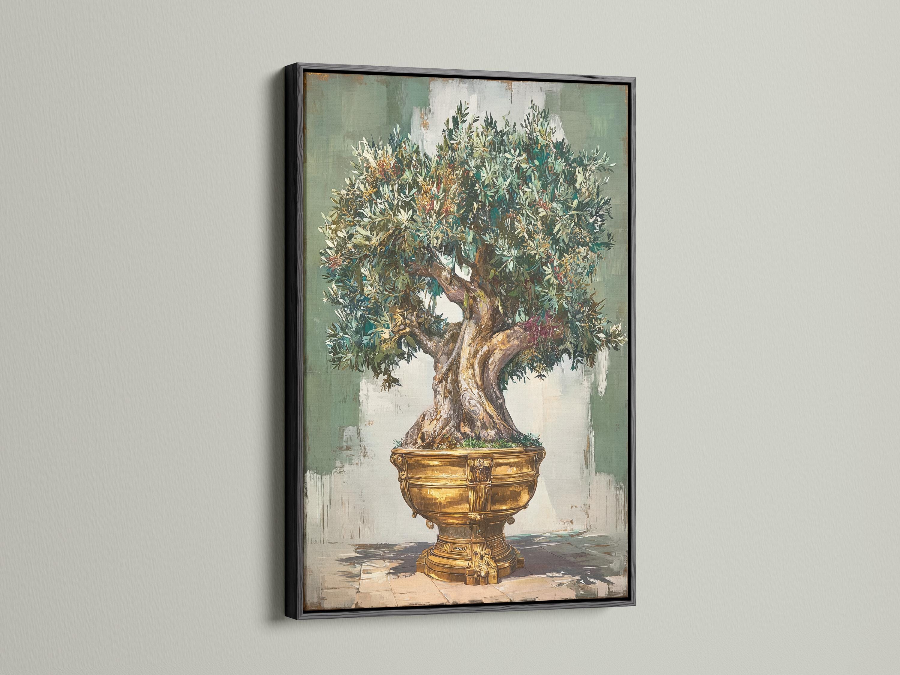 Room mockup showing olive tree wall artwork in a framed presentation