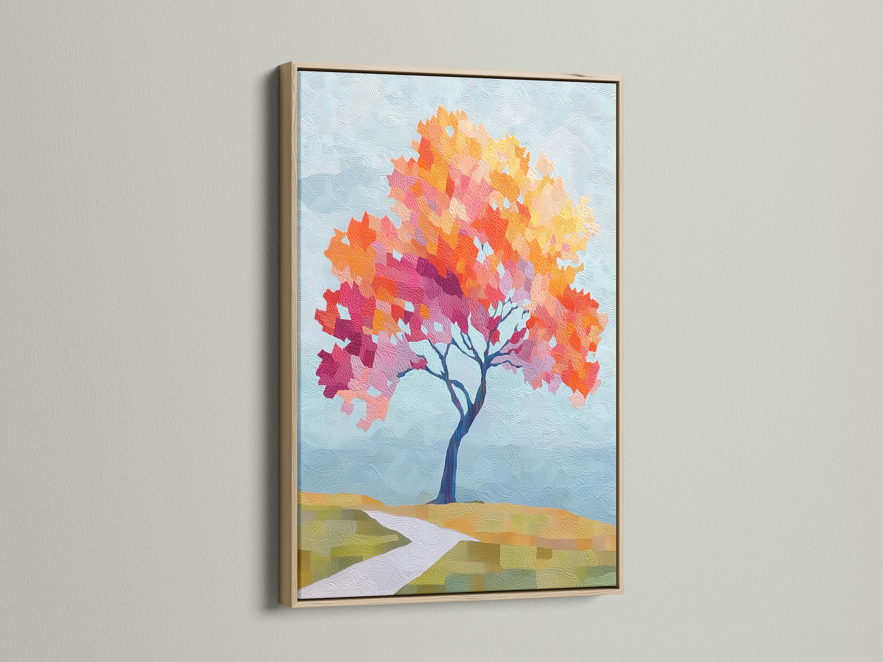 Stylised autumn tree artwork with orange, yellow and pink foliage on a textured blue background detail view