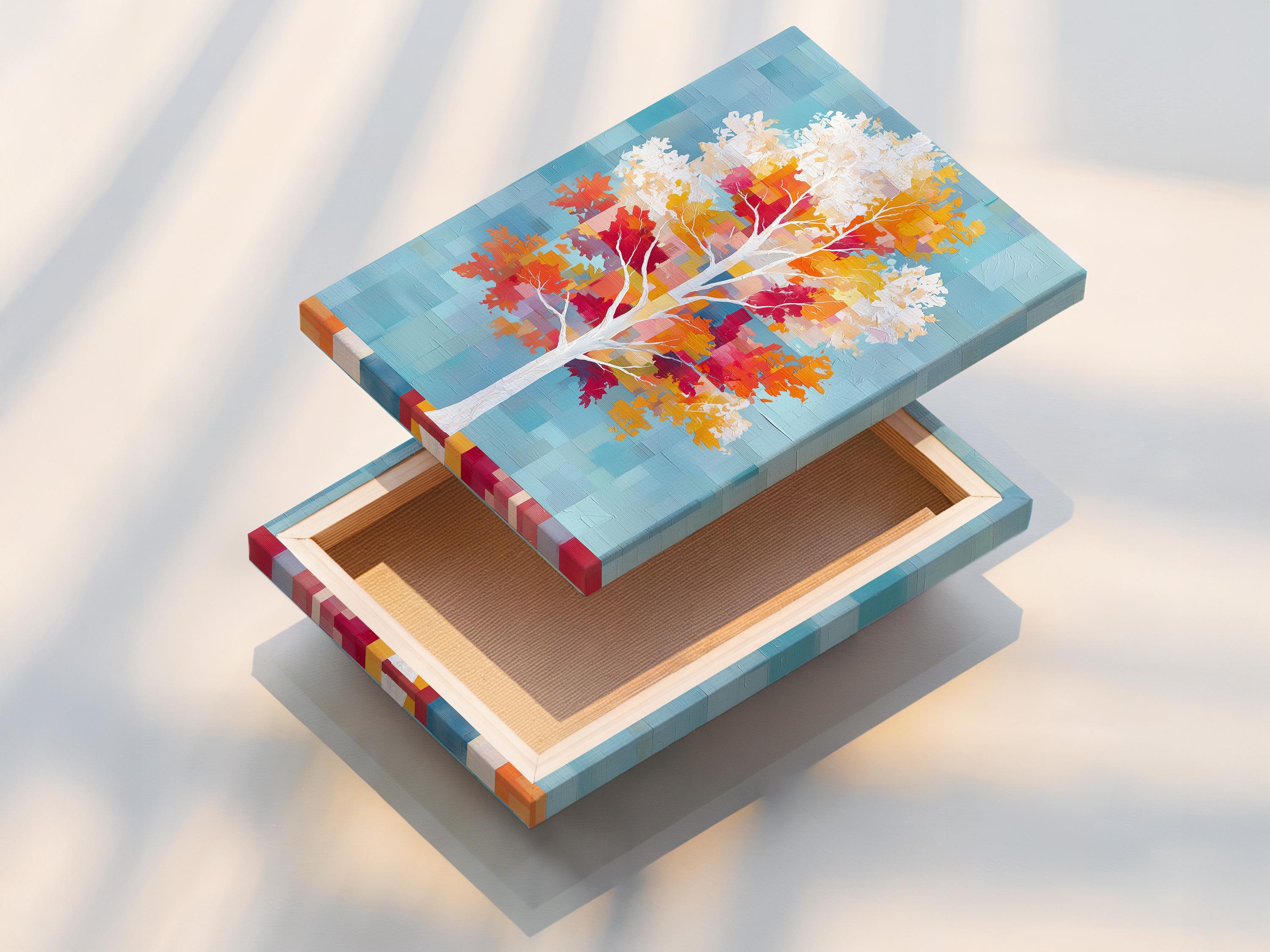 Stylised tree with white trunk, colourful autumn leaf blocks, and cool blue pixel background detail view