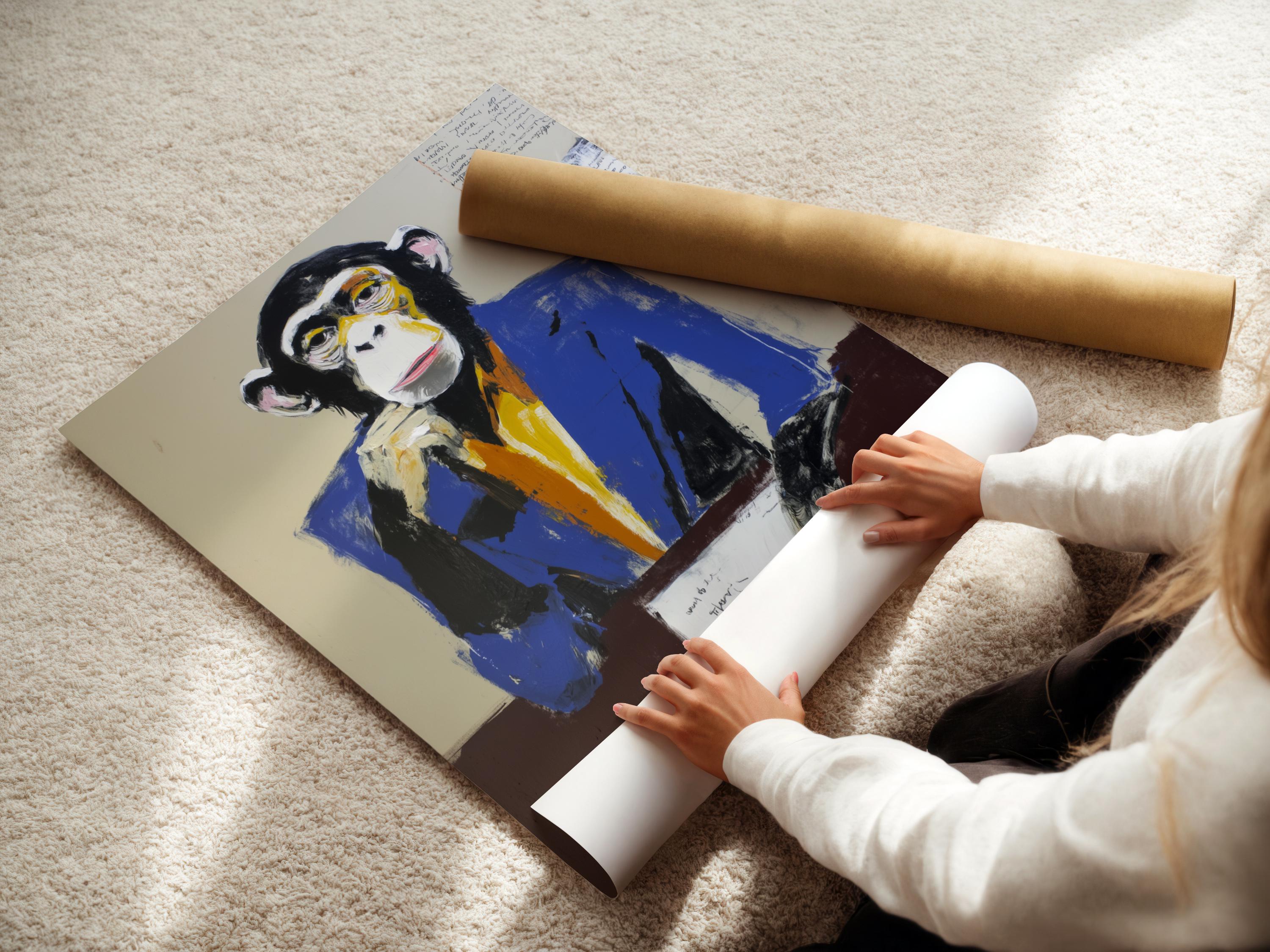 Stylised monkey portrait in a blue suit holding papers with faint scribbles detail view