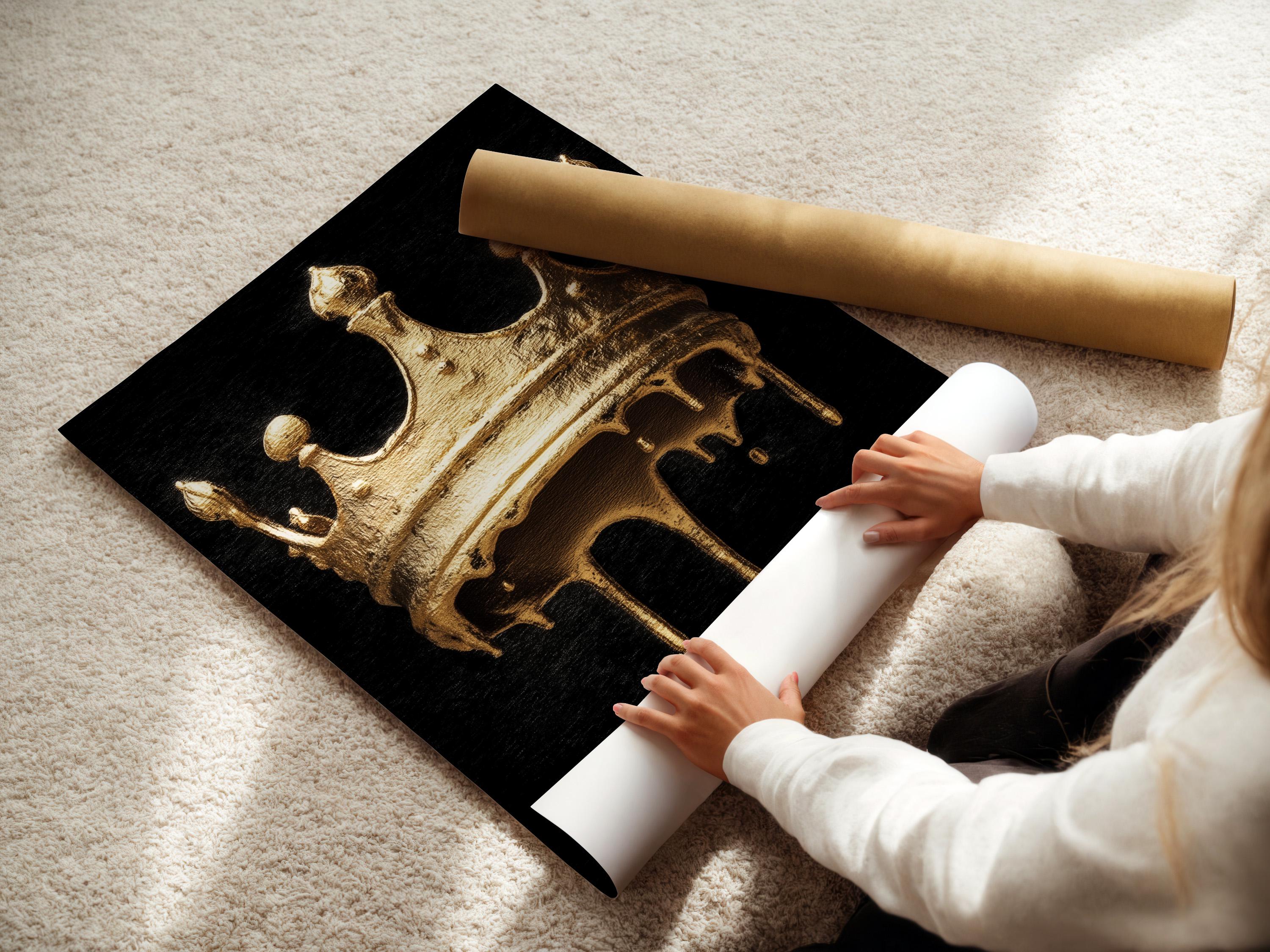 Person in a clothing store viewing a black-and-gold crown artwork on a gallery wall