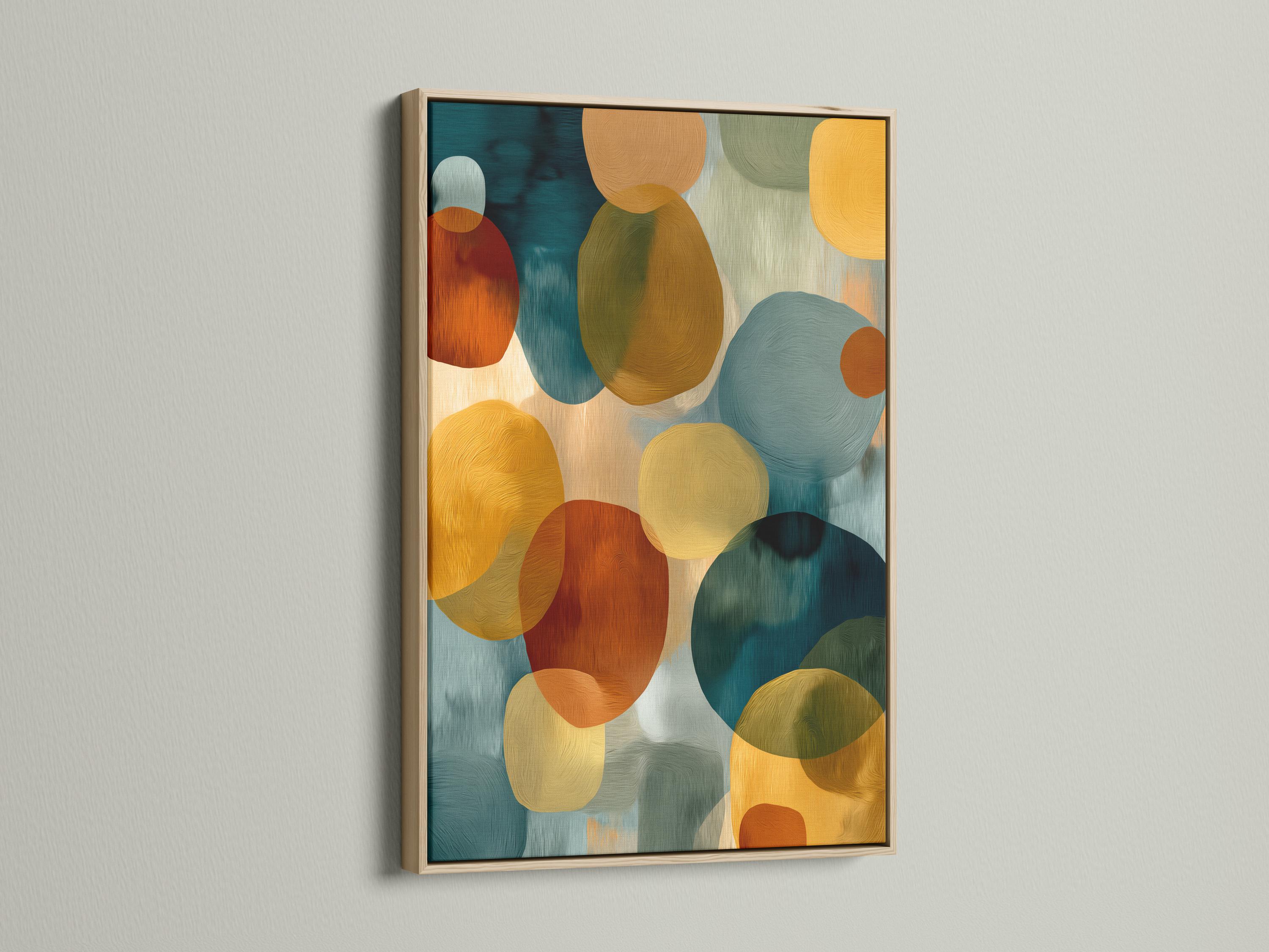 Framed abstract circle artwork with teal, cream, rust and mustard circles on a pale background