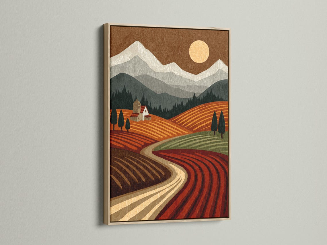 Stylised countryside landscape with terraced fields, farmhouse, trees, mountains and a warm sun detail view