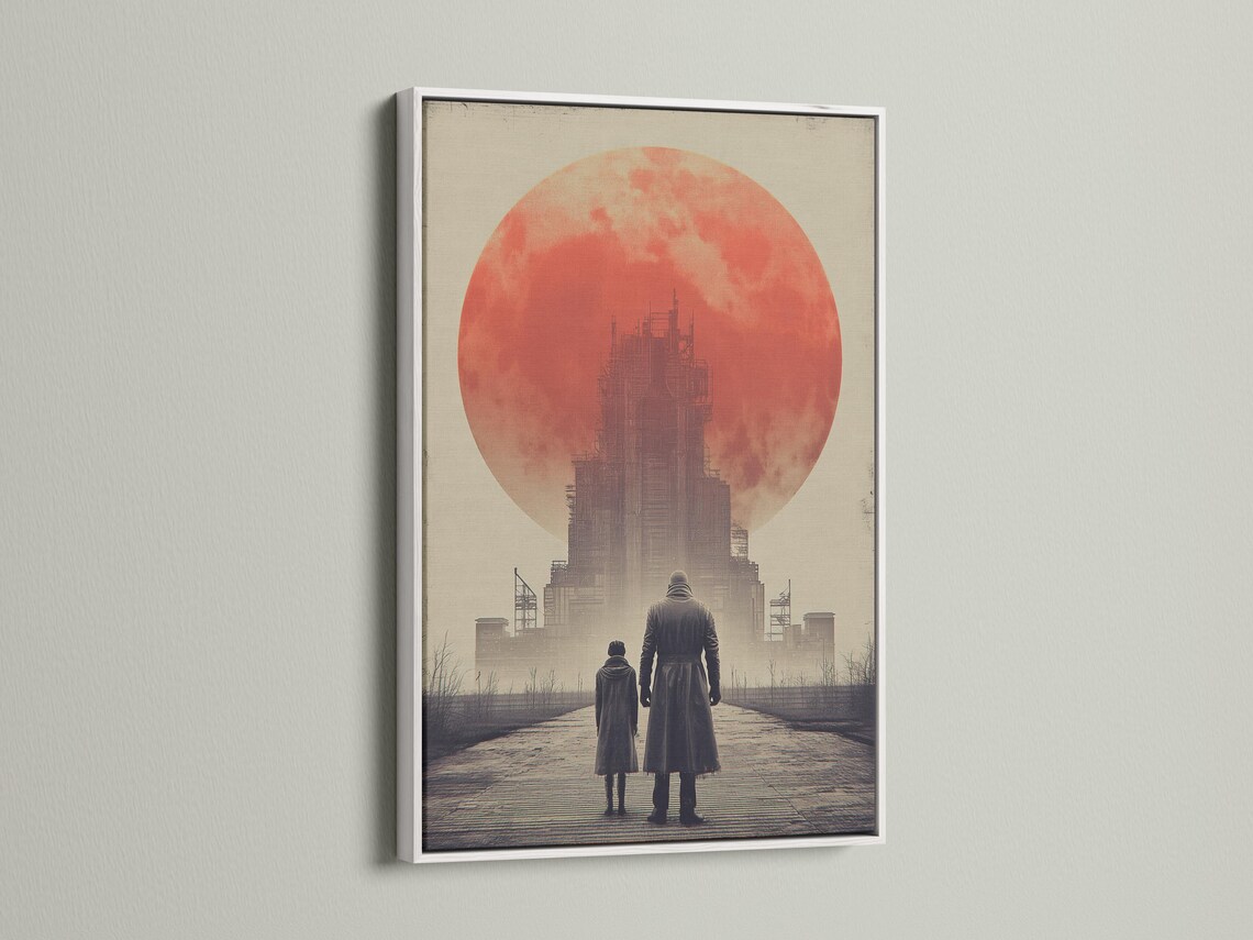 Dystopian scene of two people walking toward an industrial building under a large red sun detail view