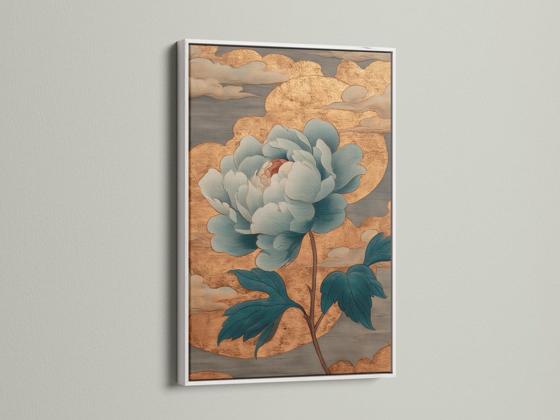 Teal and gold floral artwork with layered petals and leaves on a textured gold background detail view