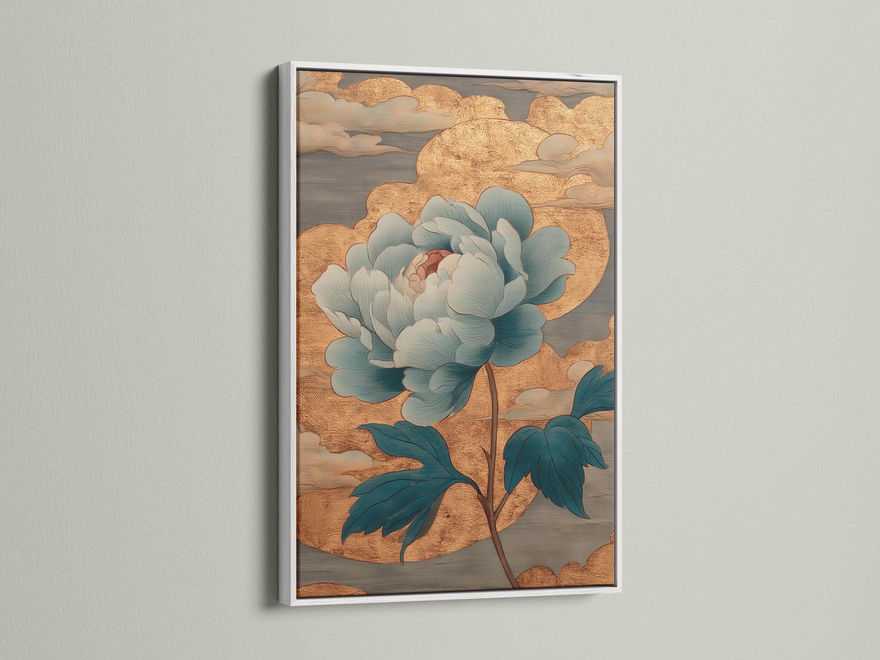 Teal and gold floral artwork with layered petals and leaves on a textured gold background detail view