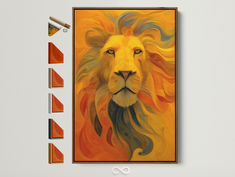 Stylised lion portrait with warm gold and orange swirls, teal tones, and dark eyes