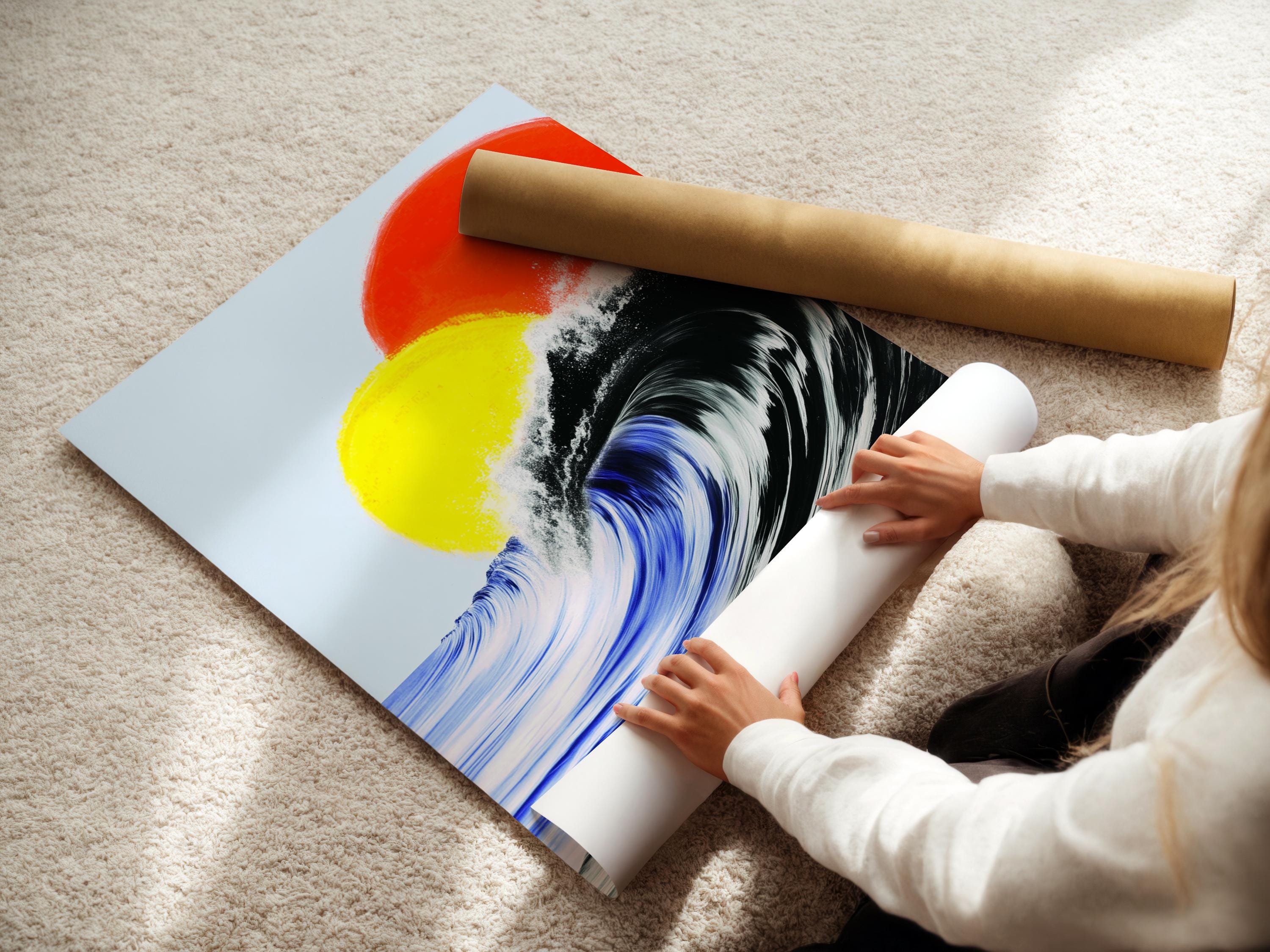 Room mockup showing a framed abstract ocean artwork on a wall near an open window and lounge area