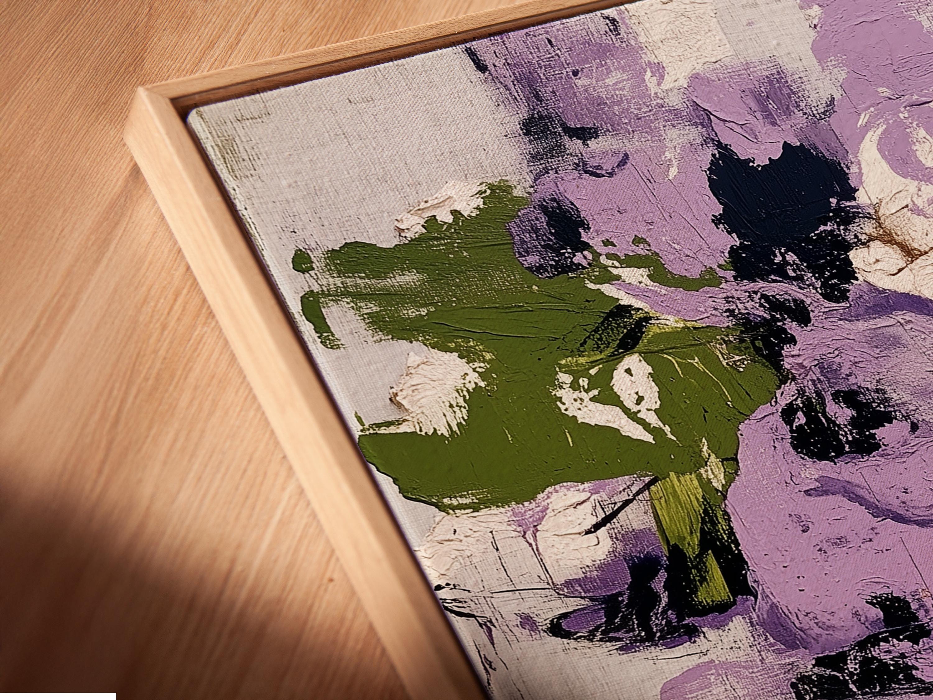 Abstract floral artwork with lilac and purple shapes, muted green accents and textured brush marks detail view