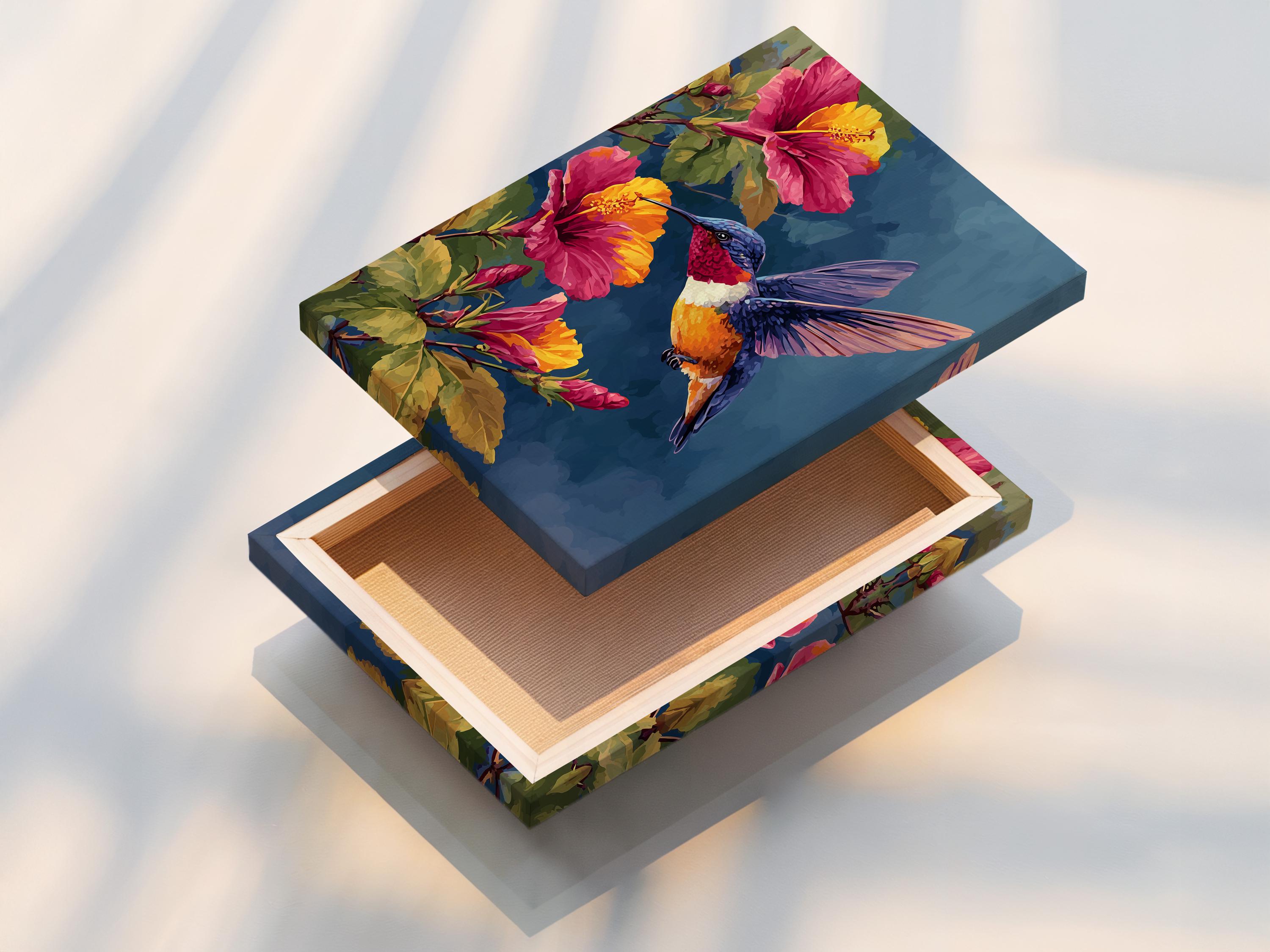 Room mockup showing a hummingbird and hibiscus floral artwork