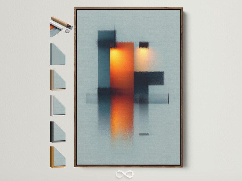 Abstract geometric blocks in teal, deep blue and orange on a pale blue background