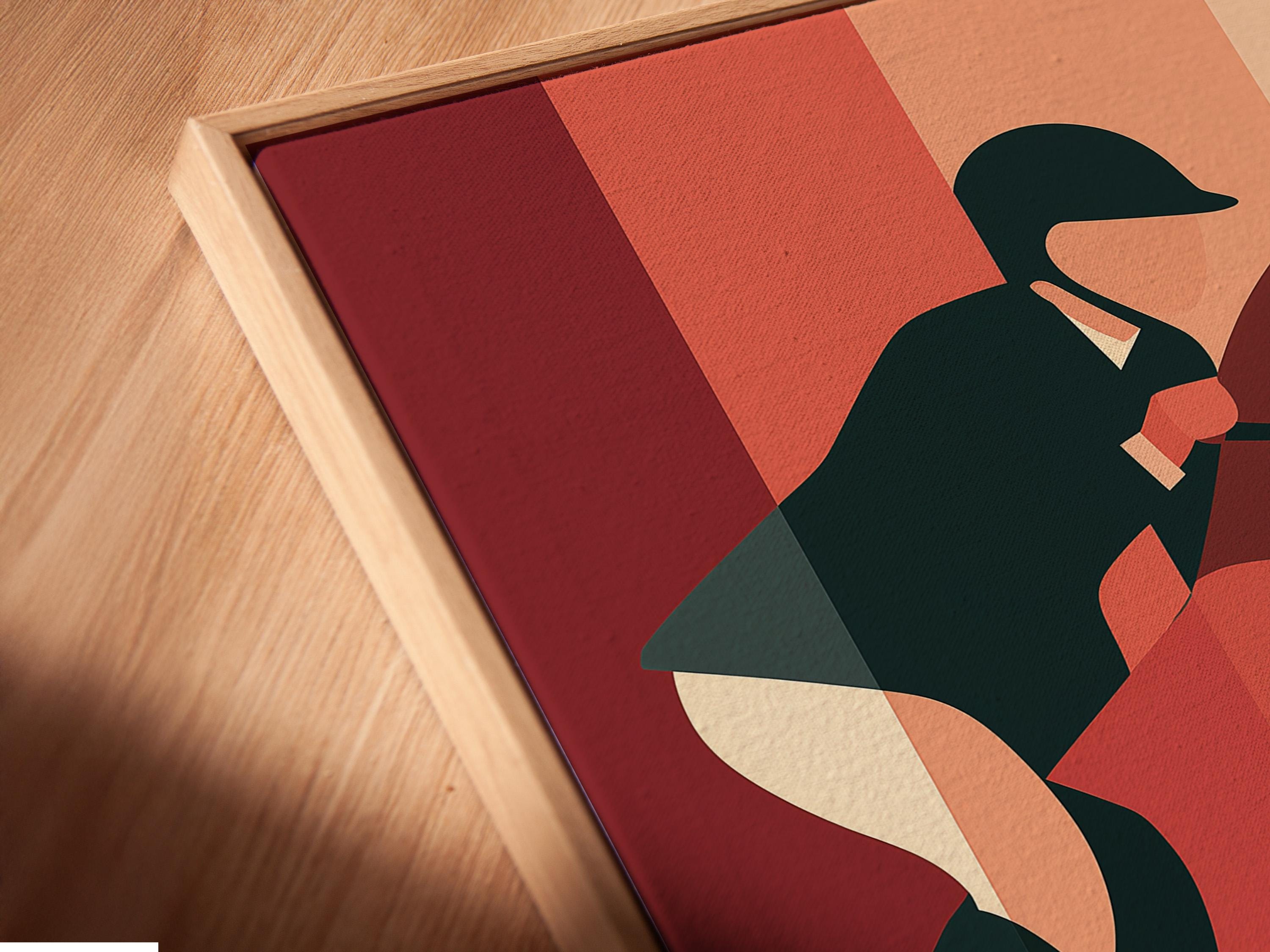 Geometric horse artwork with terracotta, pink and teal blocks detail view