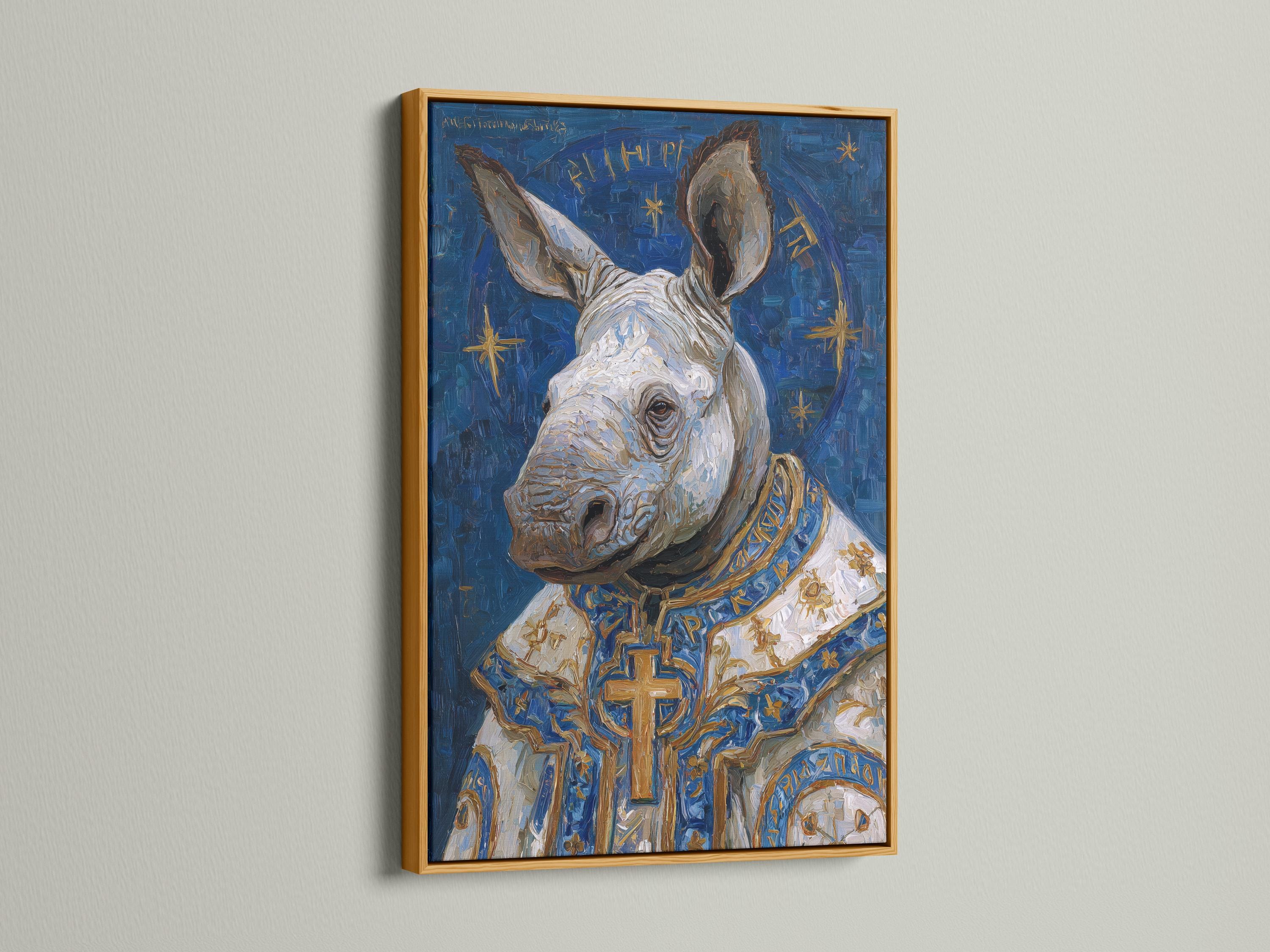 Painted rhino portrait on a deep blue background with gold cross and star-like accents detail view