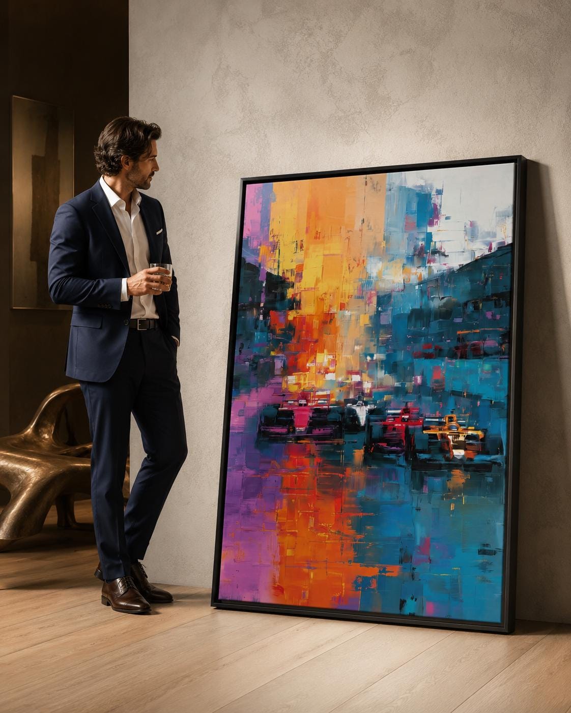 Room mockup with a large framed abstract cityscape artwork above a seating area