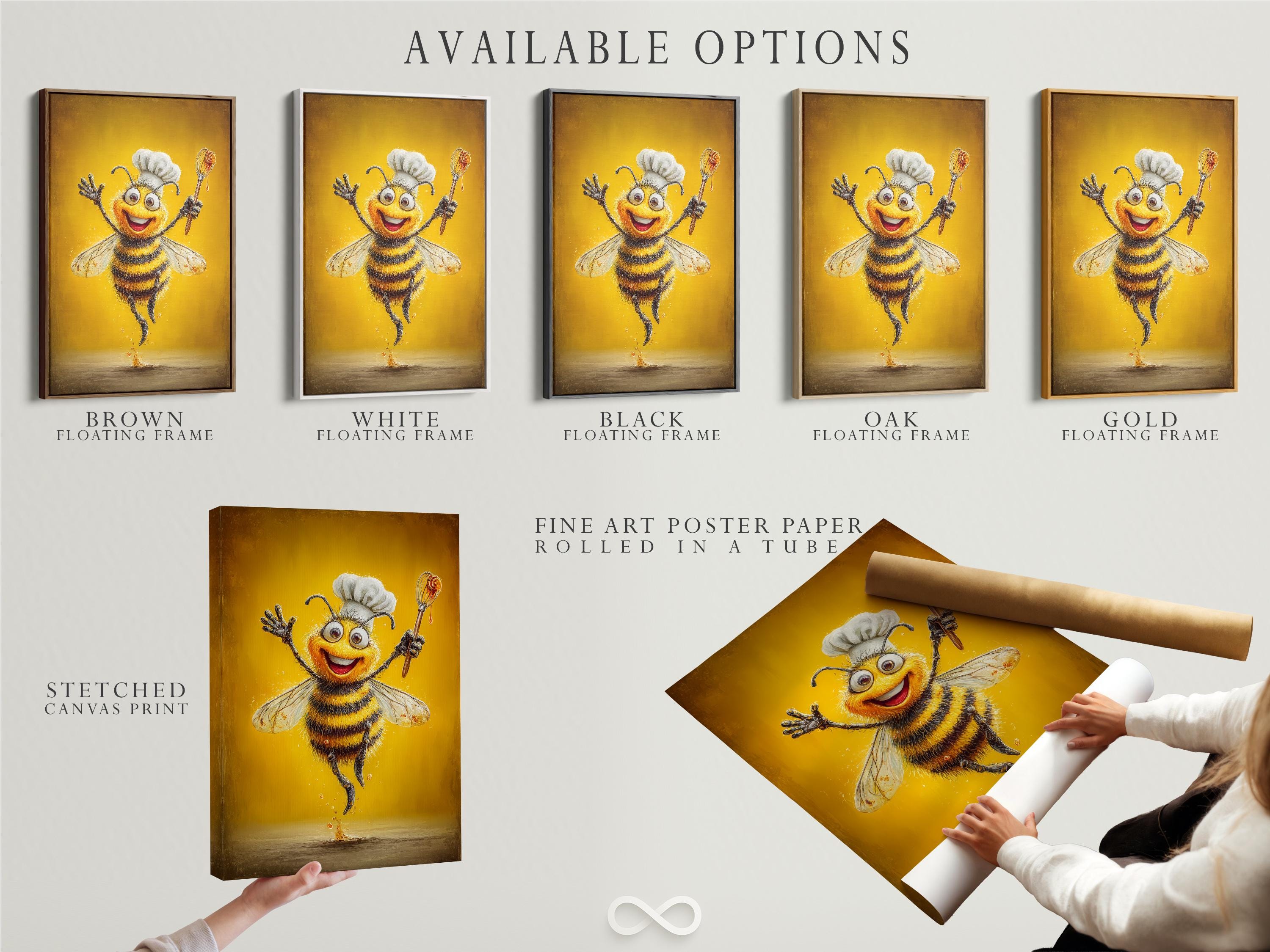 Smiling cartoon bee chef holding a whisk on a warm golden background detail view
