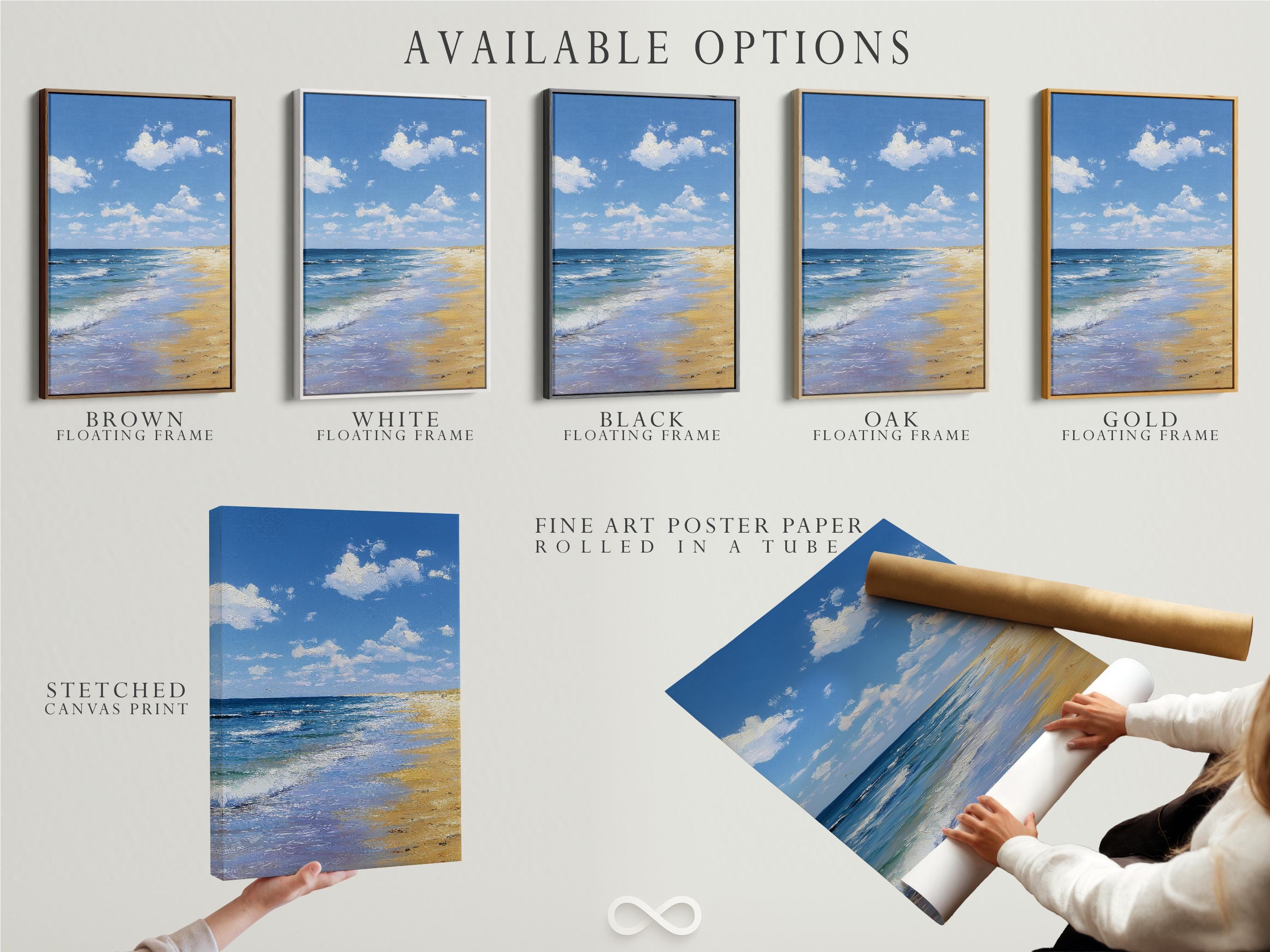 Room mockup showing a framed blue beach seascape artwork on a wall