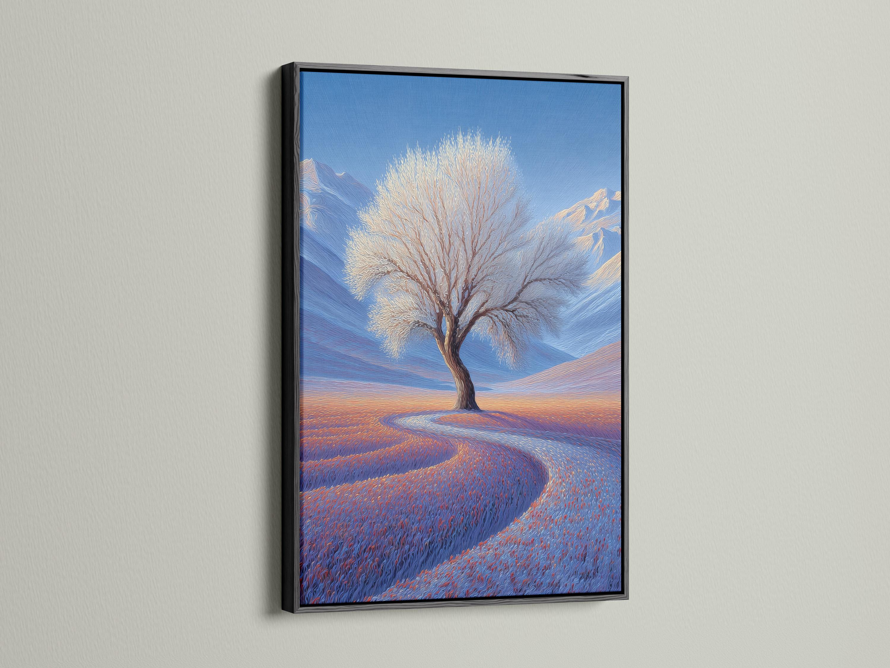 Lone leafless tree in a blue winter landscape with snowy hills and a warm orange horizon glow detail view