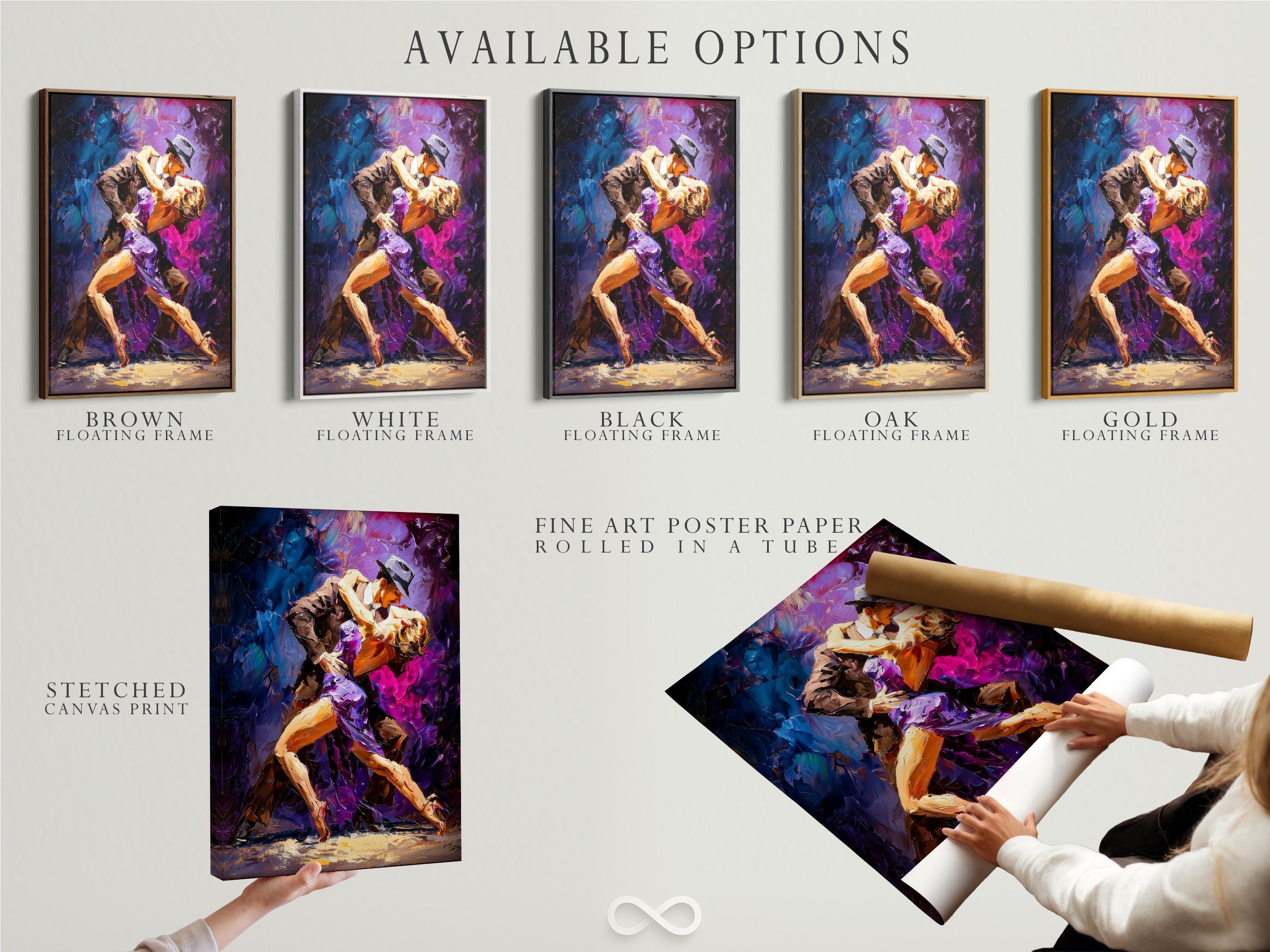 Framed tango dance artwork showing two dancing figures in purple, blue and gold tones detail view