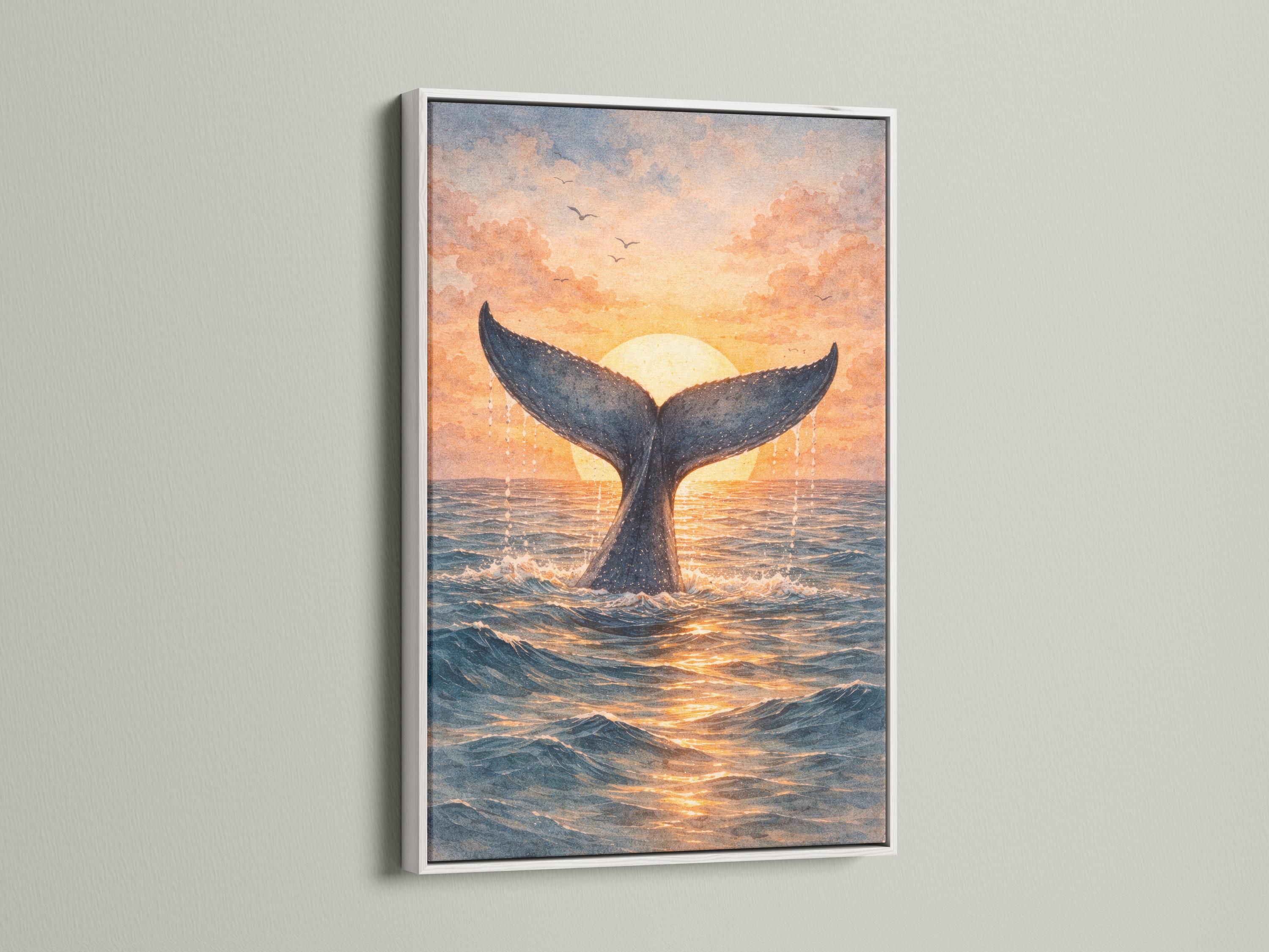 Whale tail sunset artwork hanging in a coastal cafe setting with signs and shelves
