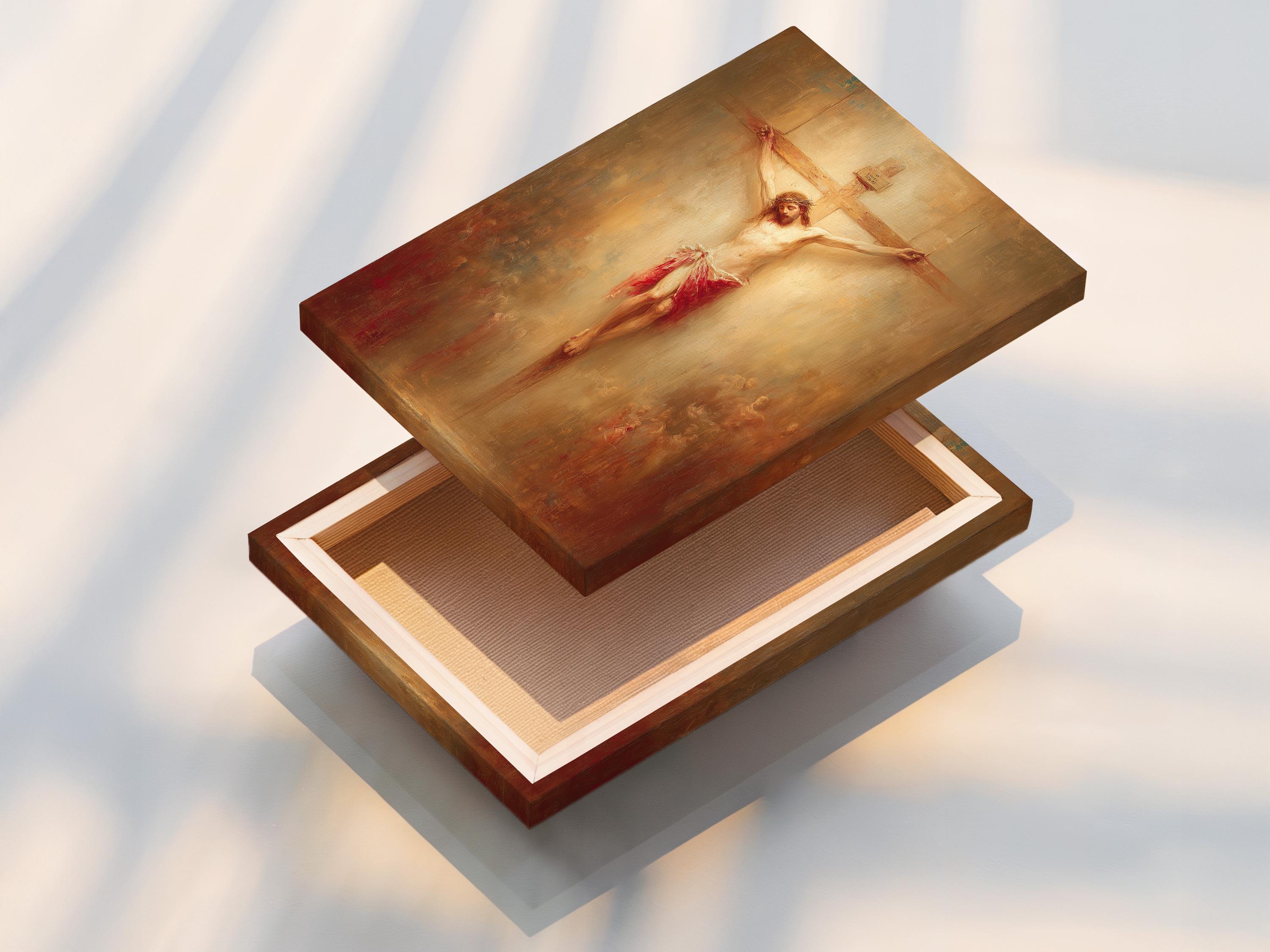 Crucifixion scene painting showing a human figure on a cross with warm beige, gold and red tones detail view