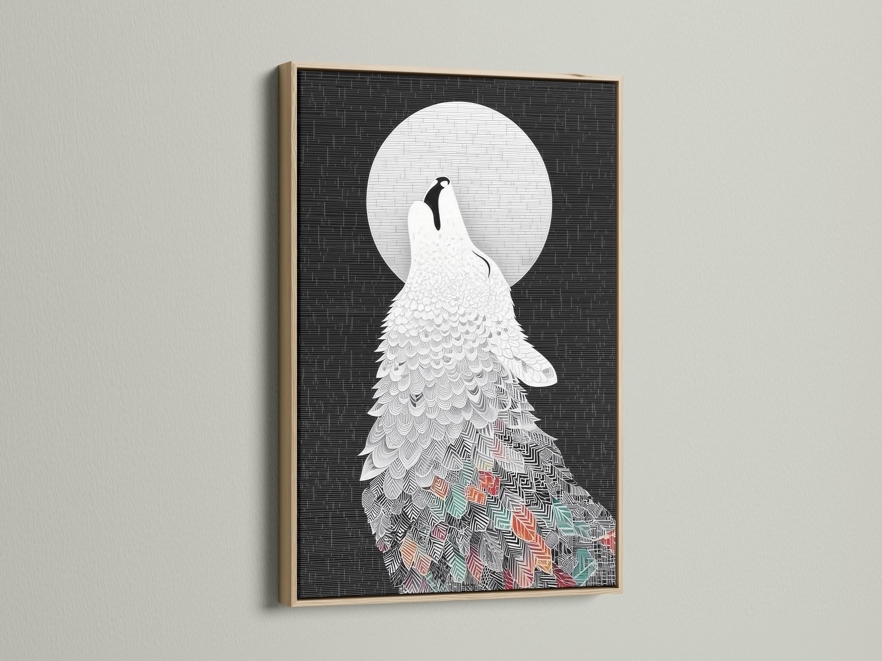 Room mockup showing framed wolf howling at moon artwork