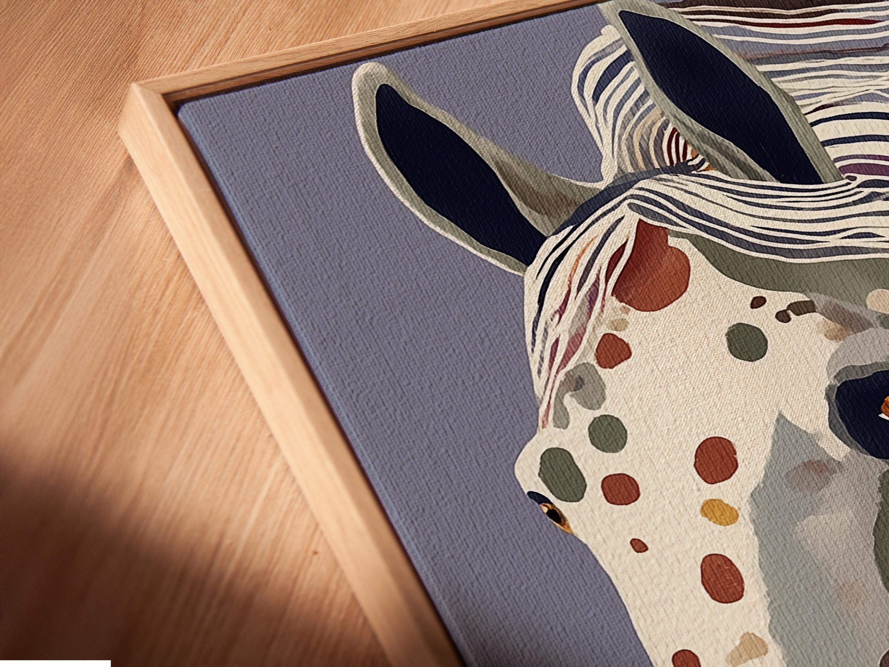Stylised horse portrait with flowing stripes in blue, purple, cream and gold tones detail view