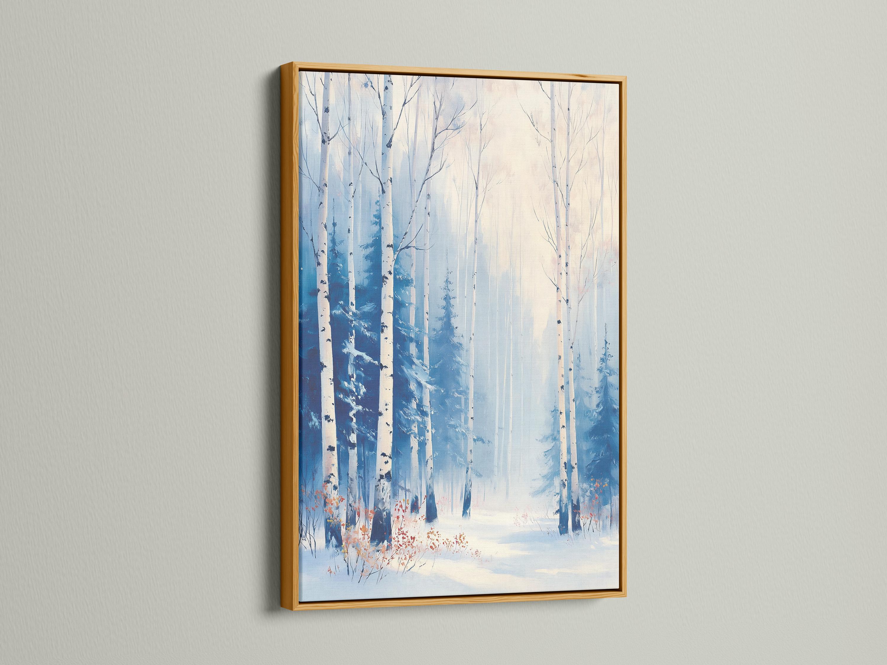 Snowy birch forest painting with pale blue trees and misty winter sky detail view