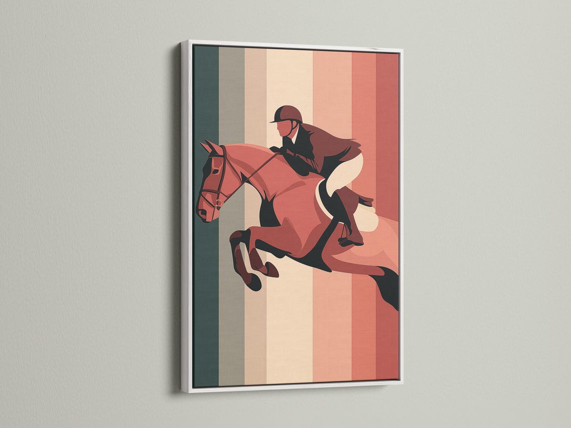 Room mockup with framed retro horse and rider artwork on striped background