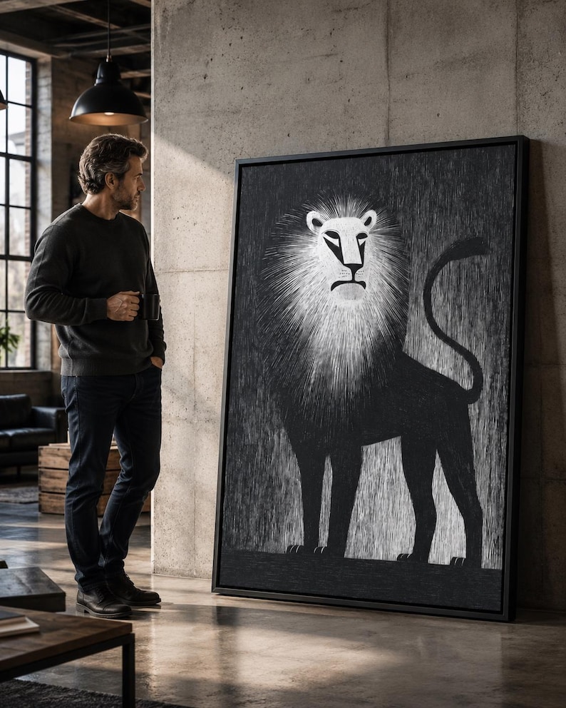 Black and white lion portrait with radiating line details and textured background