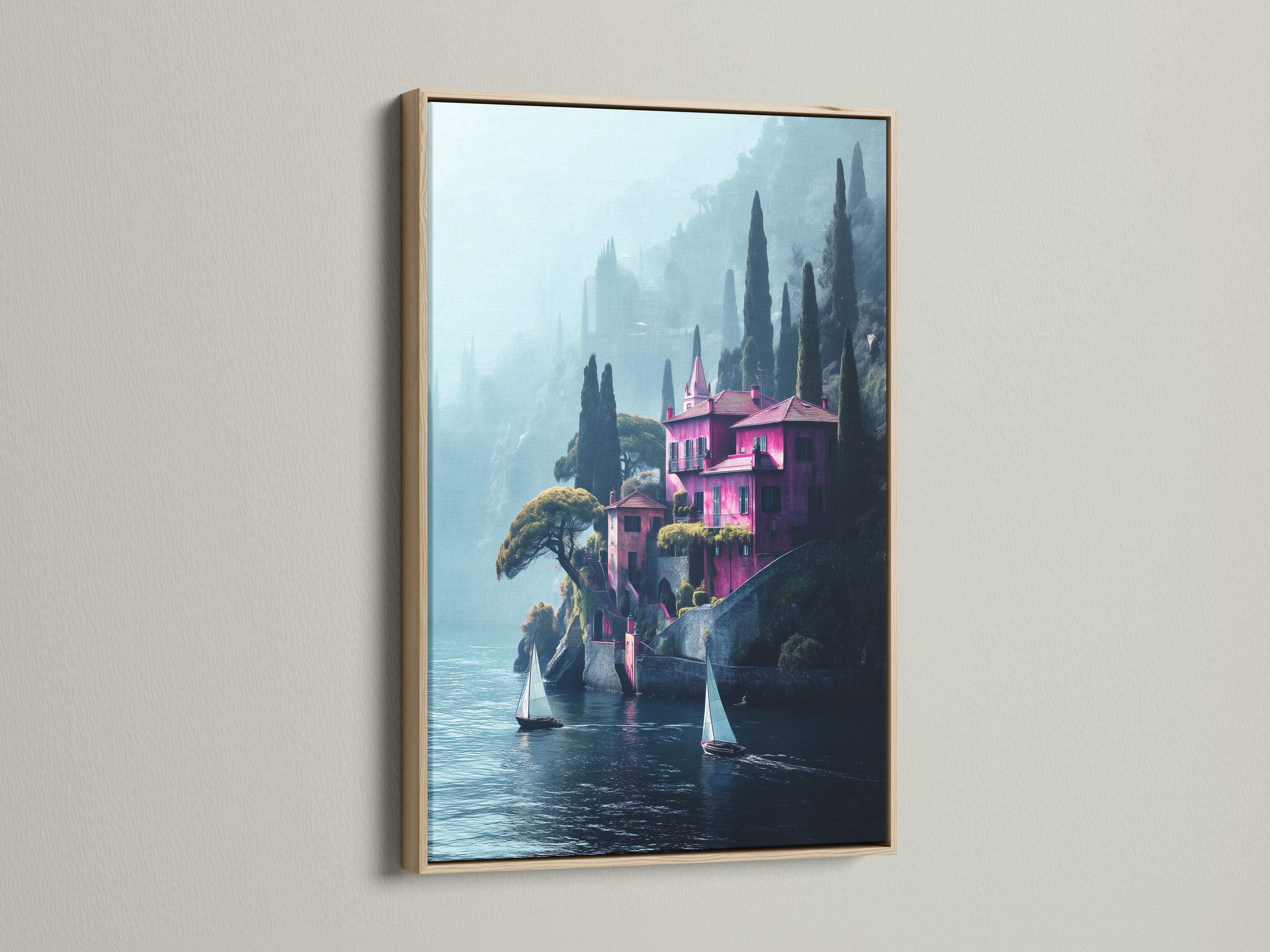 Pink villa lakeside landscape with tall cypress trees and sailboats on blue water detail view