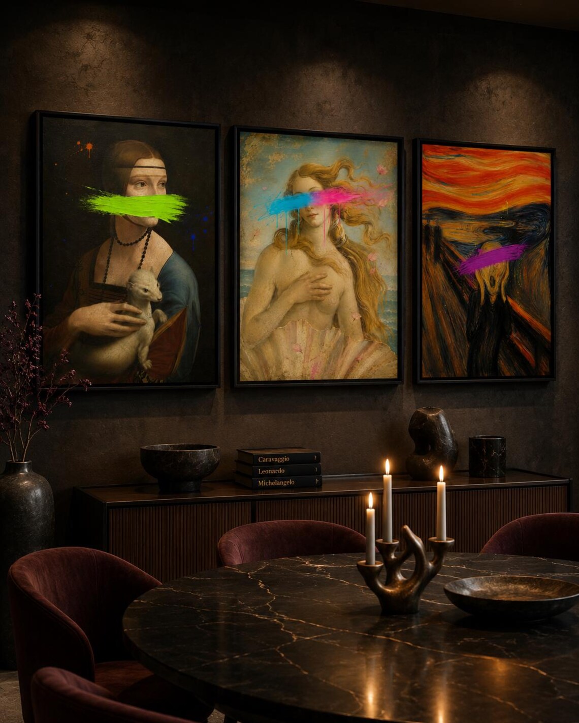 Three framed classical portrait panels with neon brushstrokes across the faces and eyes detail view