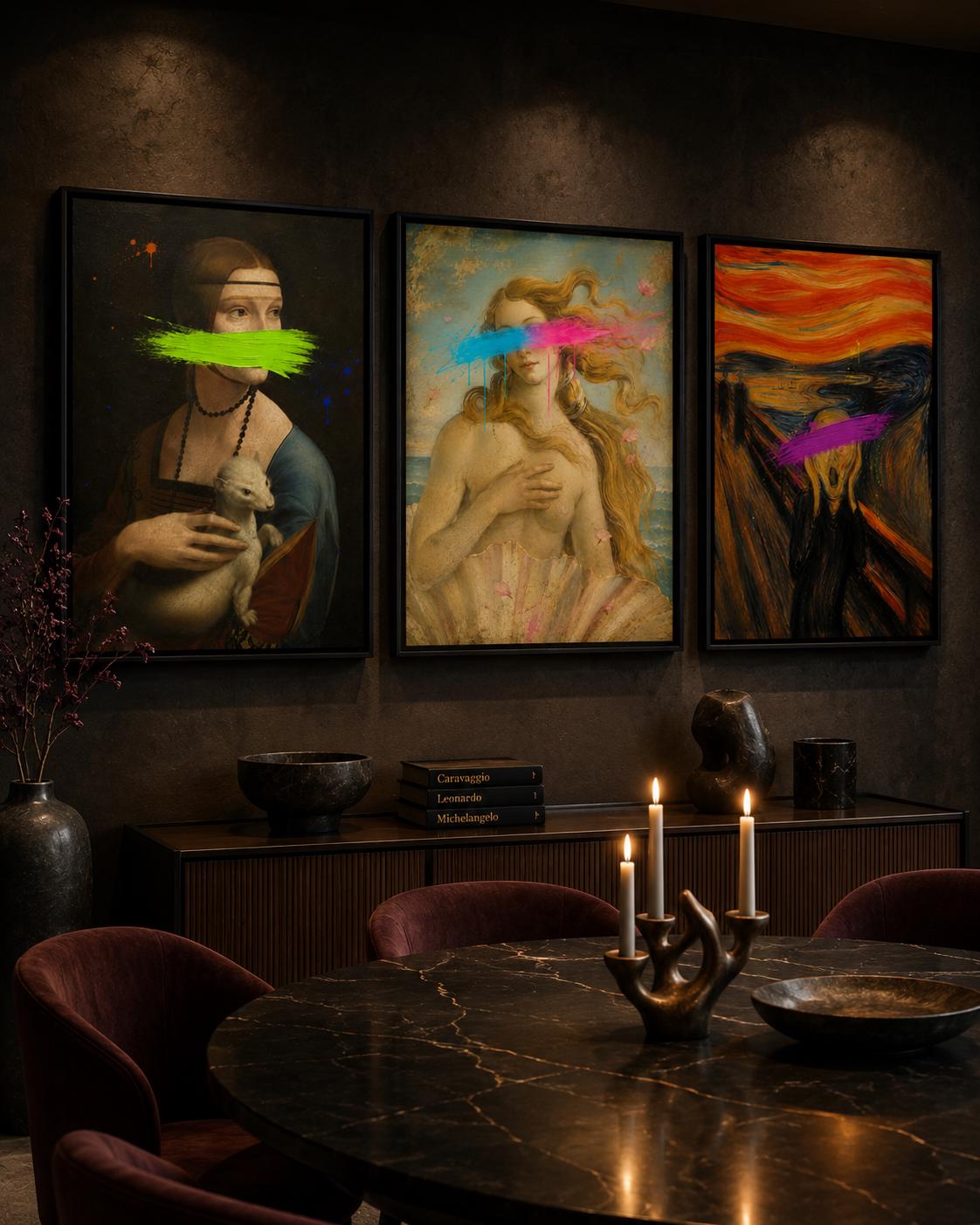Three framed classical portrait panels with neon brushstrokes across the faces and eyes detail view