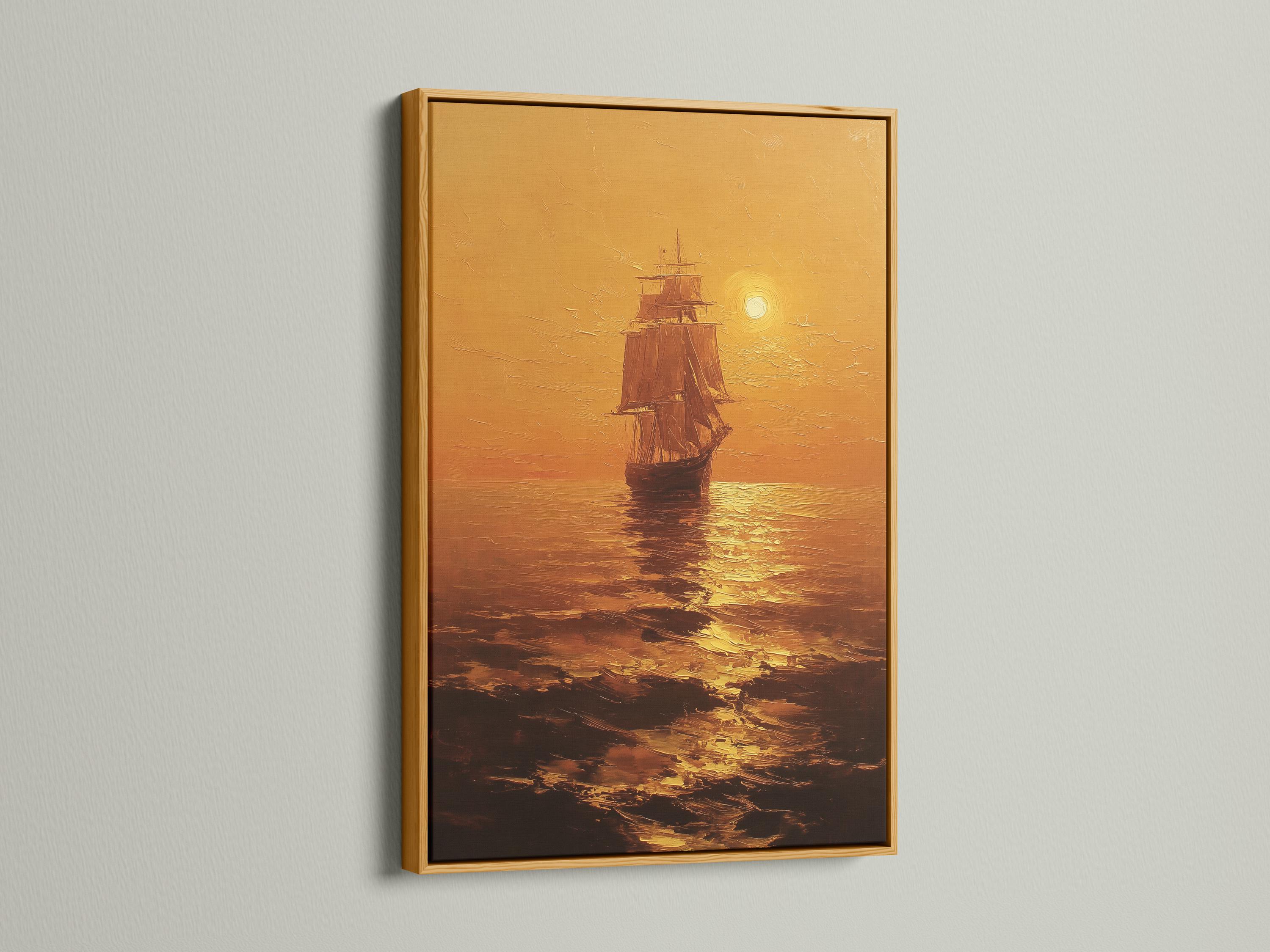 Room mockup showing a warm golden seascape with a sailing ship and glowing sun