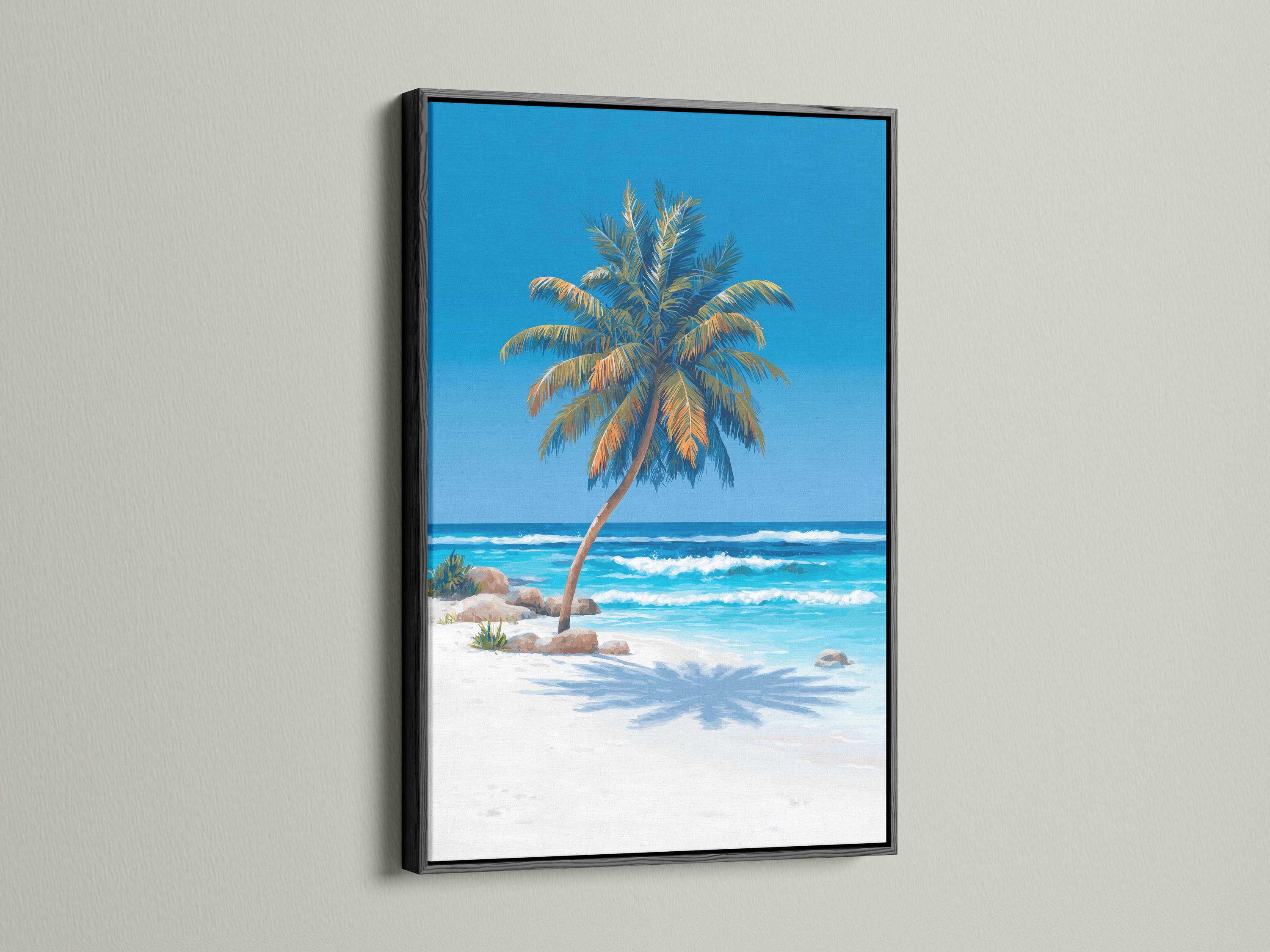 Tropical beach scene with a palm tree, turquoise ocean waves, and a blue sky detail view