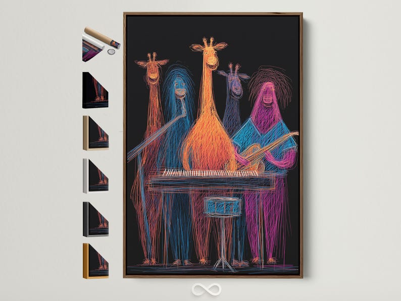 Neon line drawing of four giraffes grouped around a keyboard, on a dark background