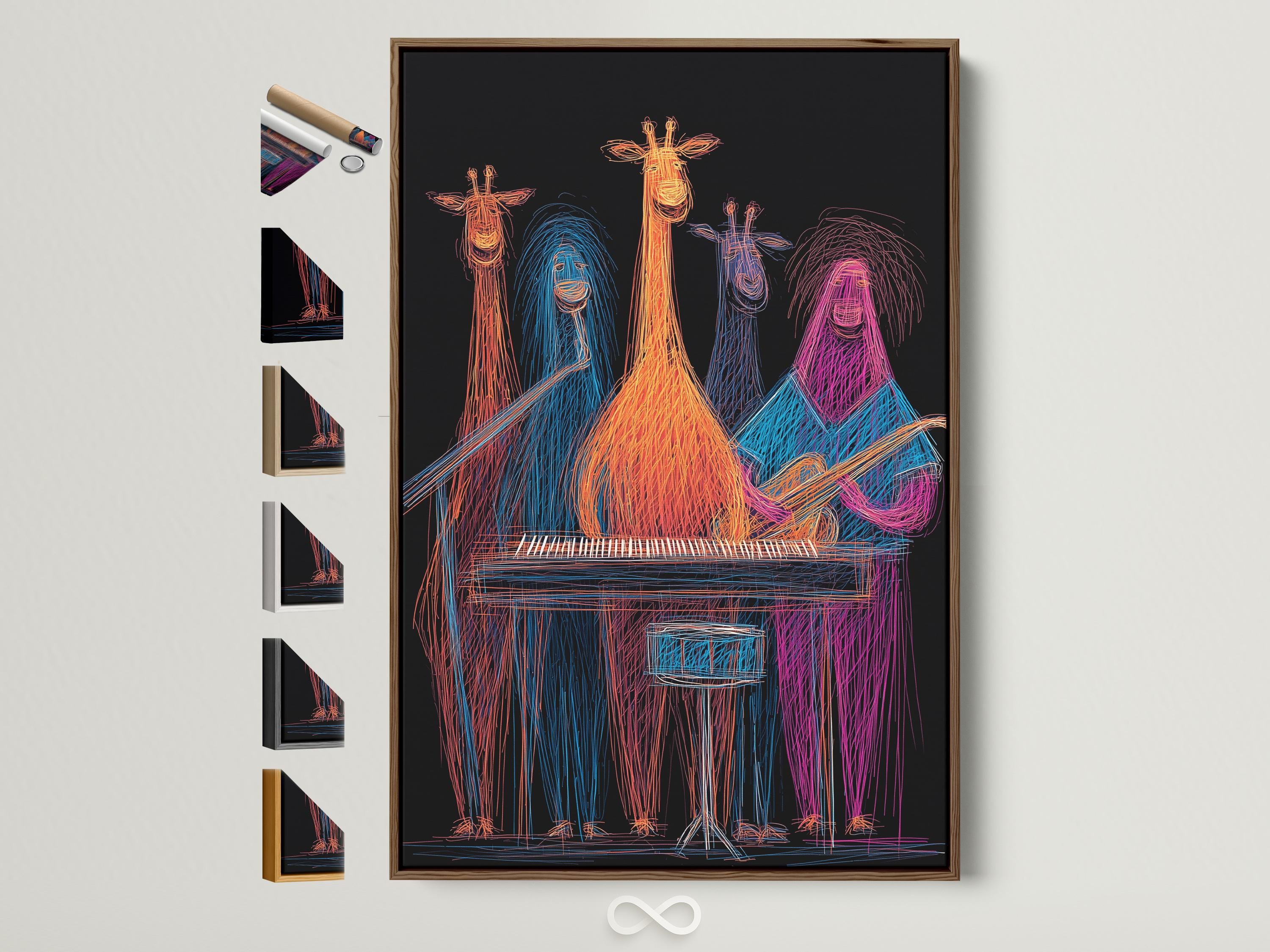 Neon line drawing of four giraffes grouped around a keyboard, on a dark background