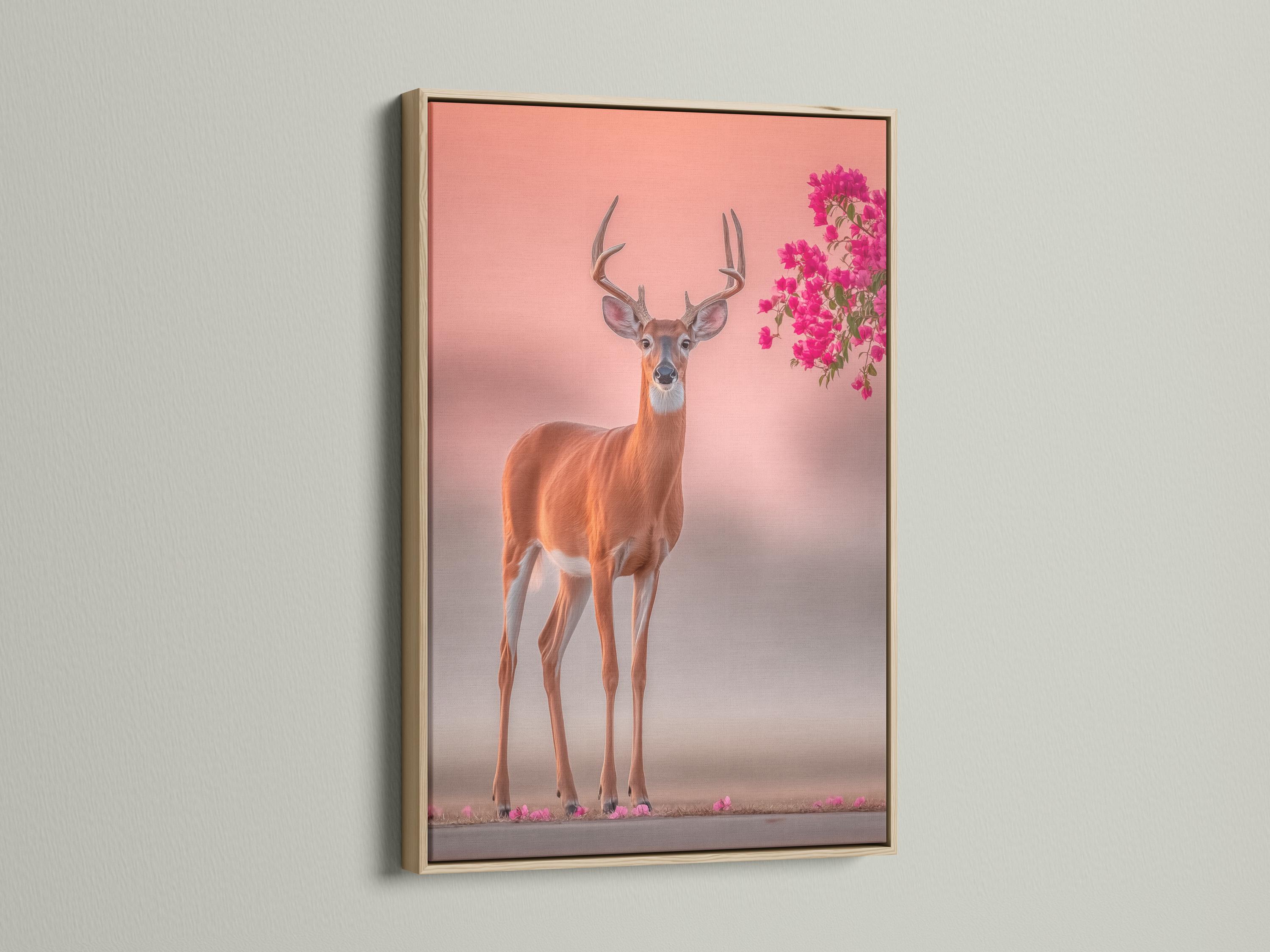 Deer portrait with tall antlers against a blush pink background and pink blossoms detail view