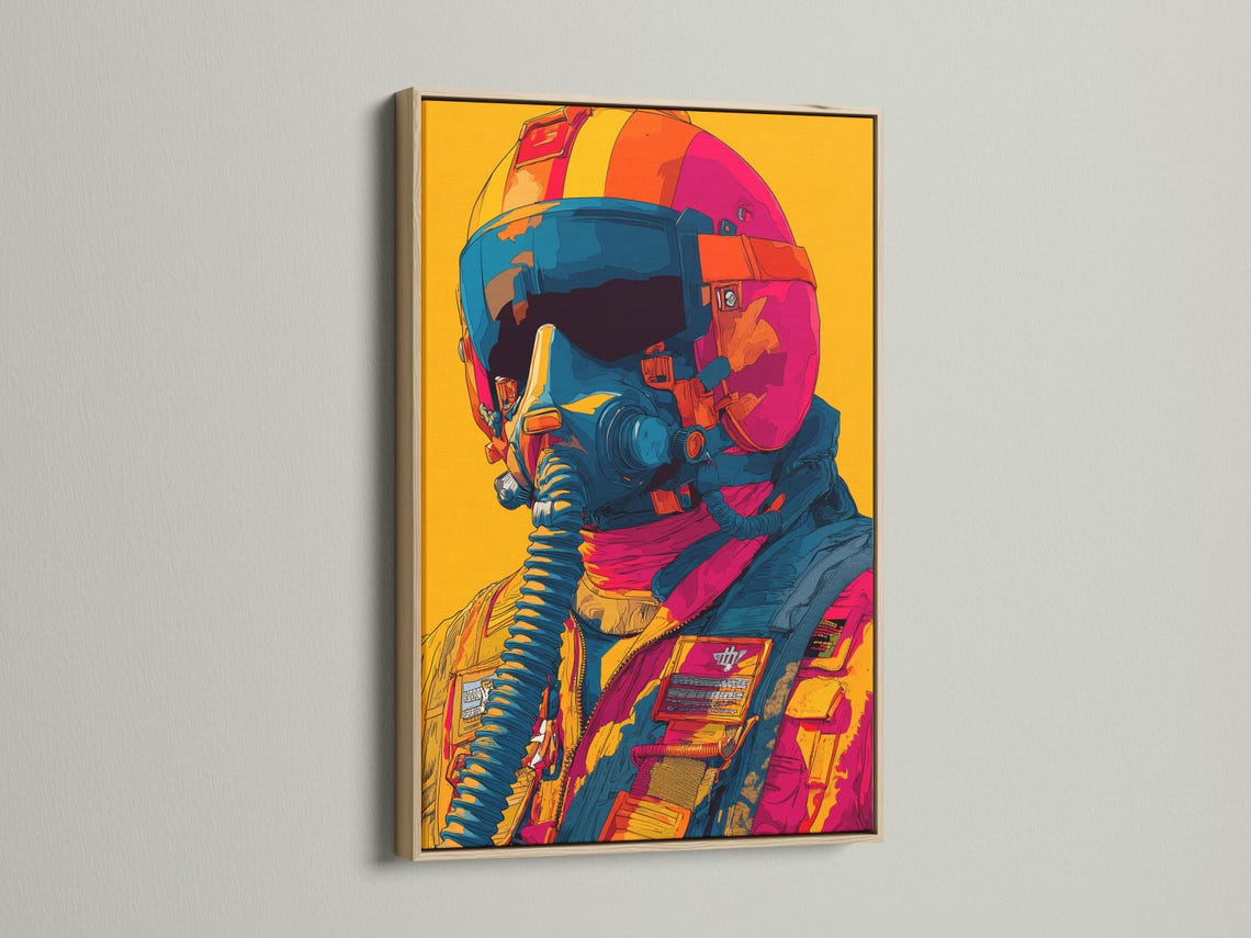 Mockup showing a framed retro pilot wall artwork with teal, orange and hot pink colours on a yellow background