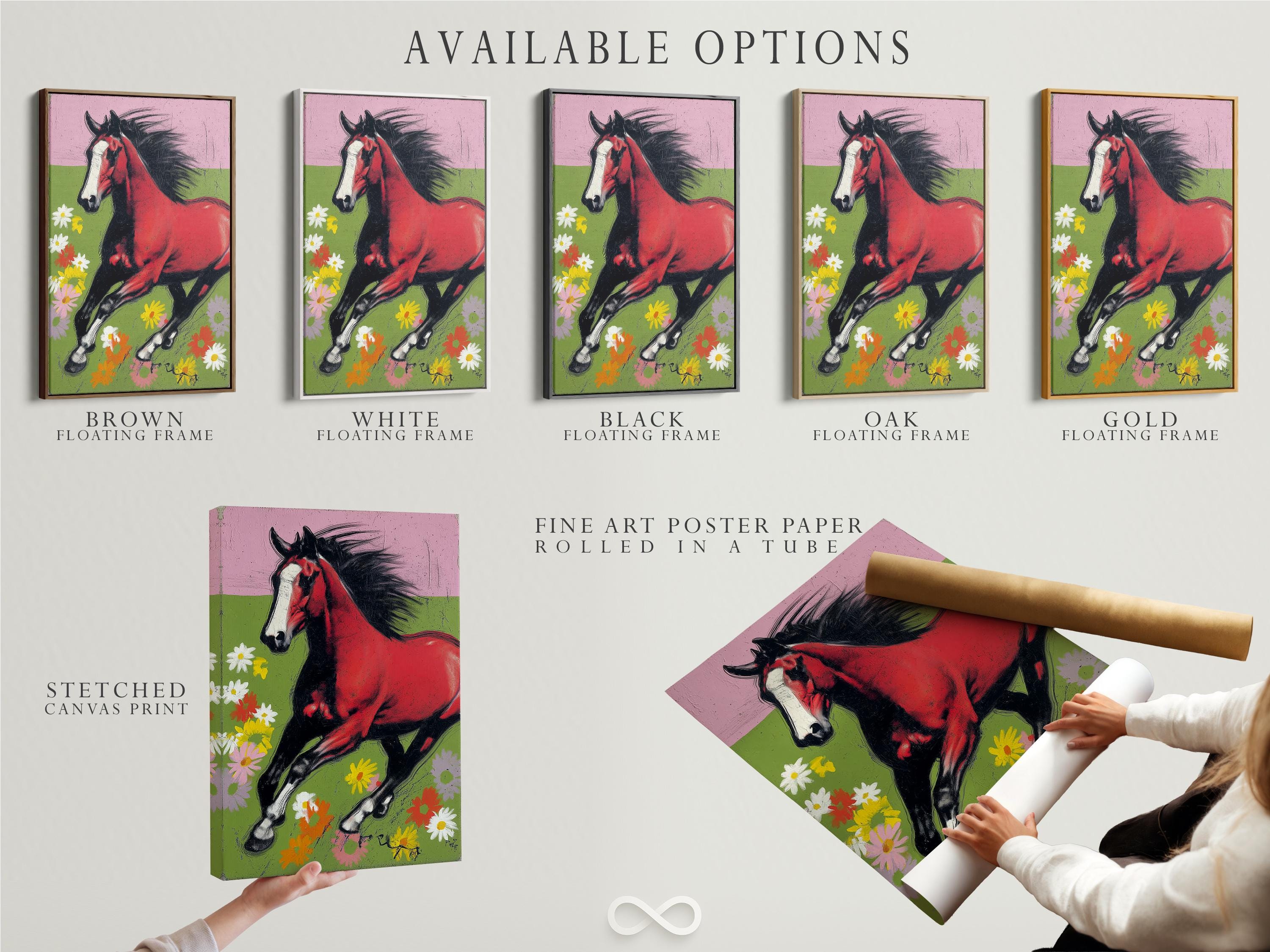 Running horse in red and black with a green meadow and colourful flowers detail view