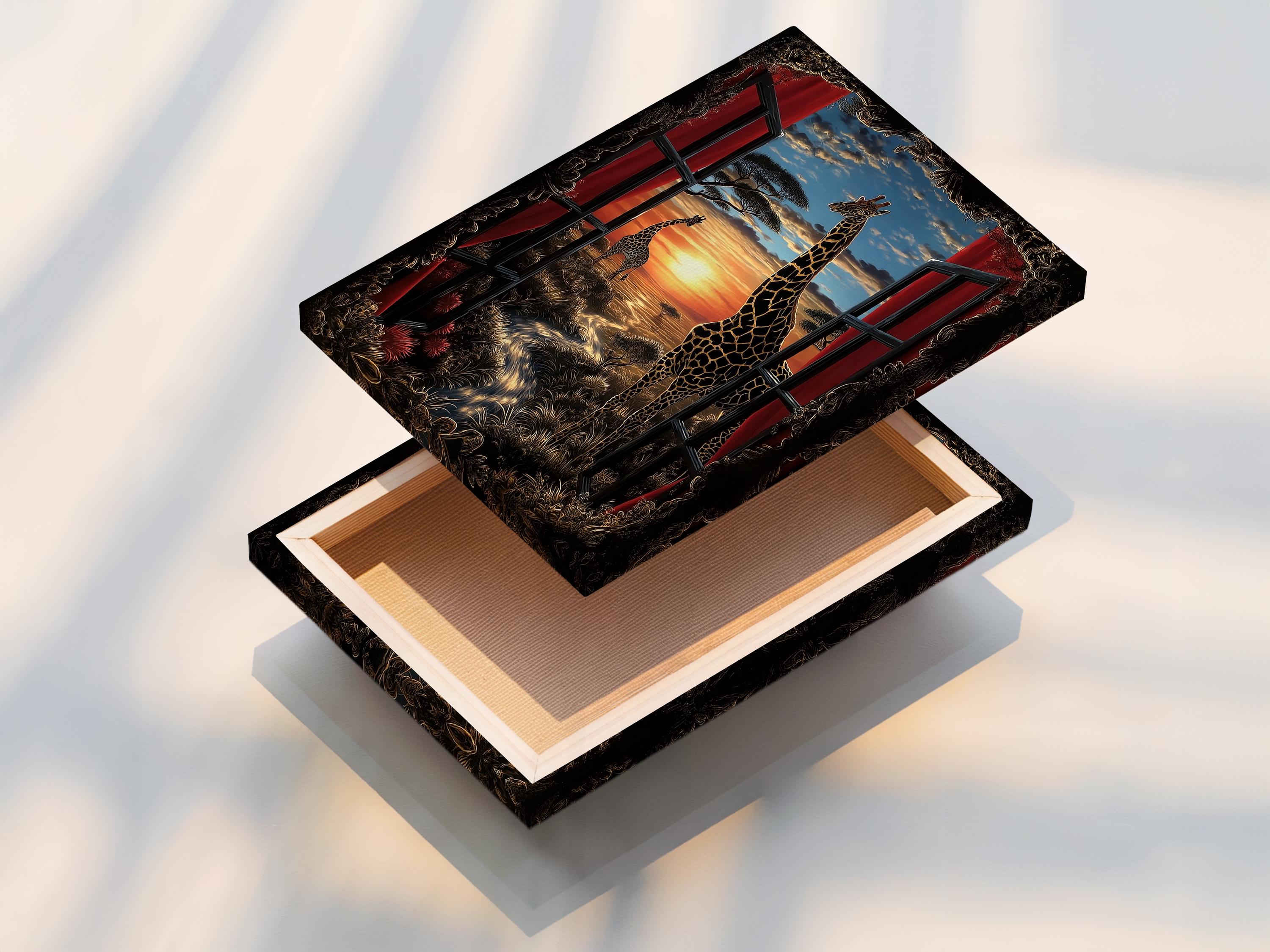 Framed giraffe window-view sunset artwork shown on a wall, with curtain shutters and a savanna