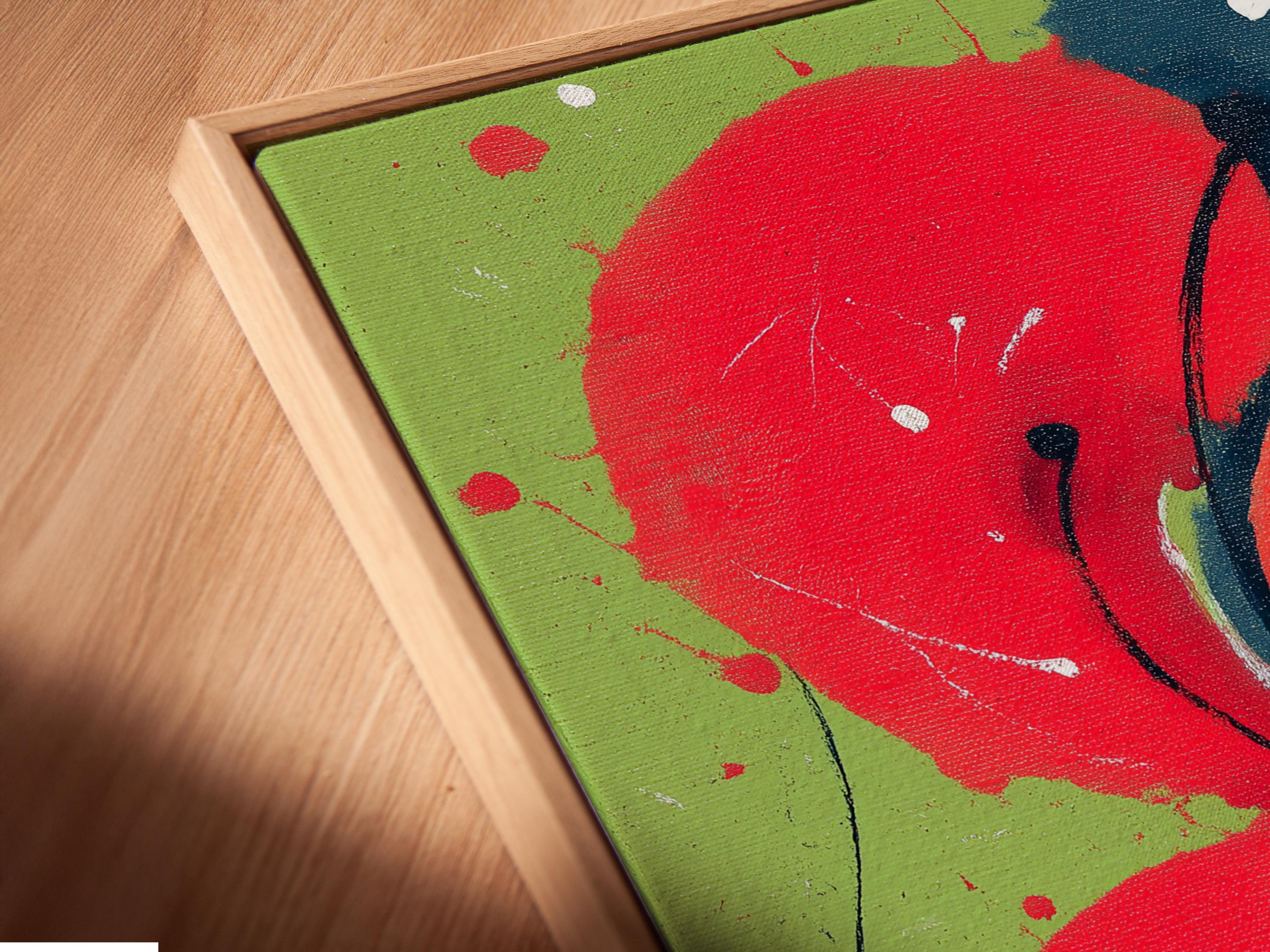 Abstract floral artwork with red blooms and deep blue petals on a lime green background detail view