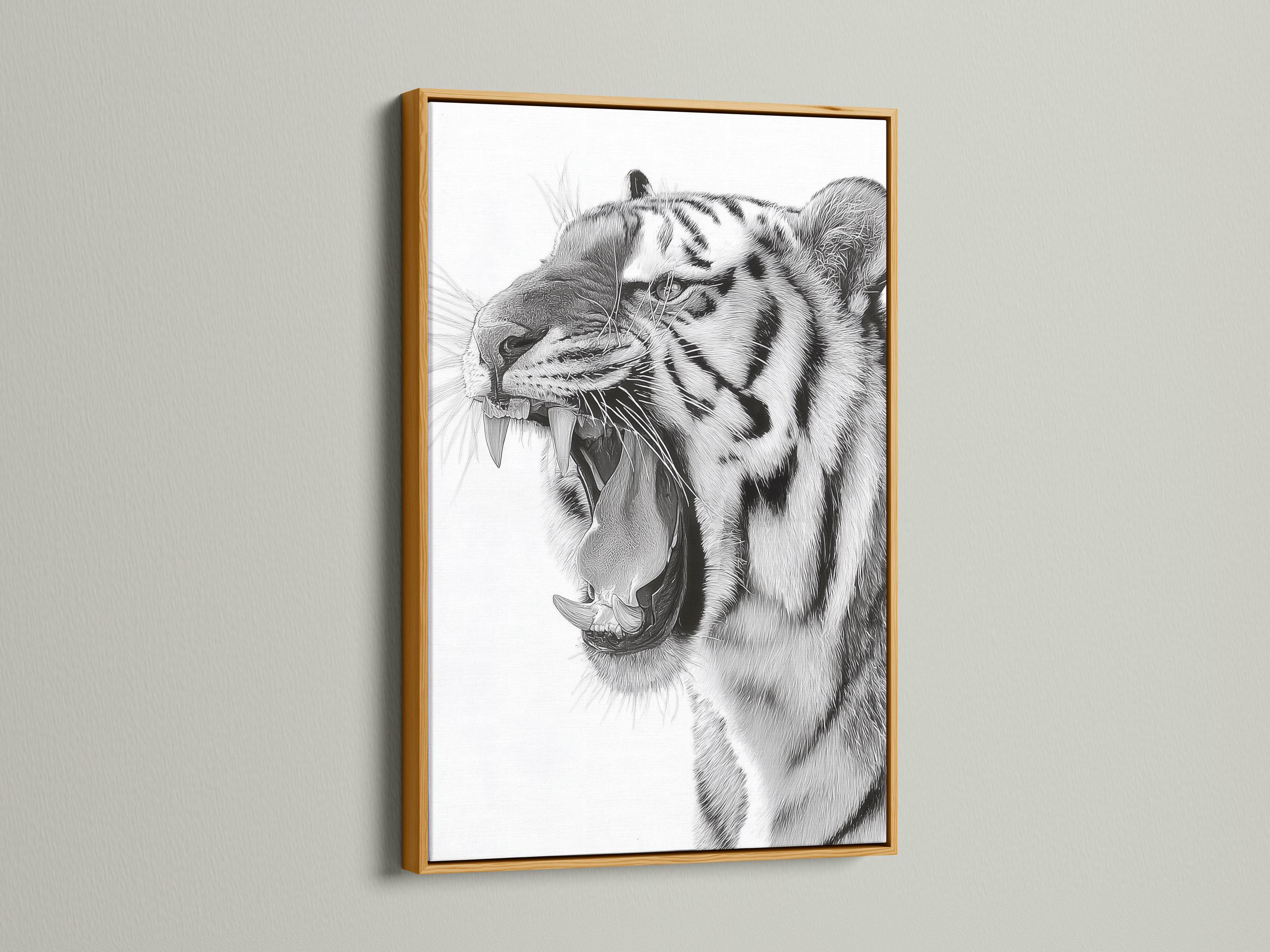 Room mockup showing a framed black and white tiger portrait artwork