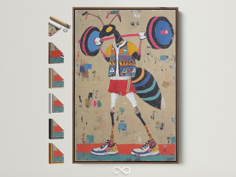 Stylised weightlifter lifting a barbell with large weight plates on a beige paint-splattered background