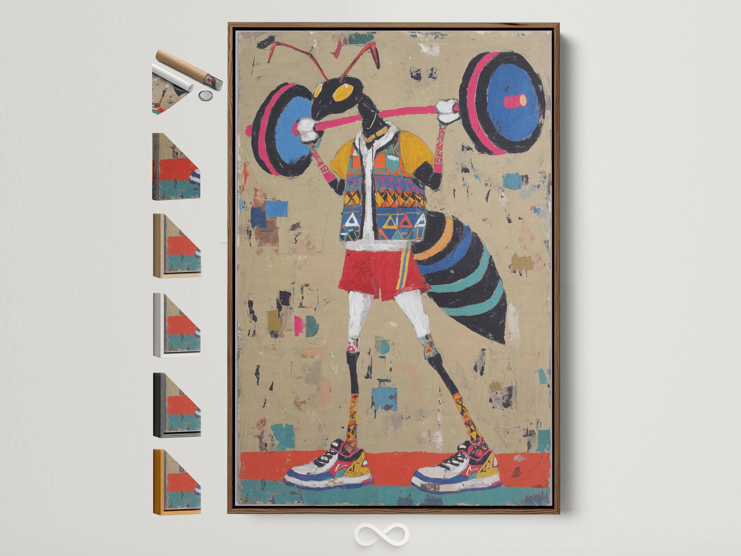Stylised weightlifter lifting a barbell with large weight plates on a beige paint-splattered background