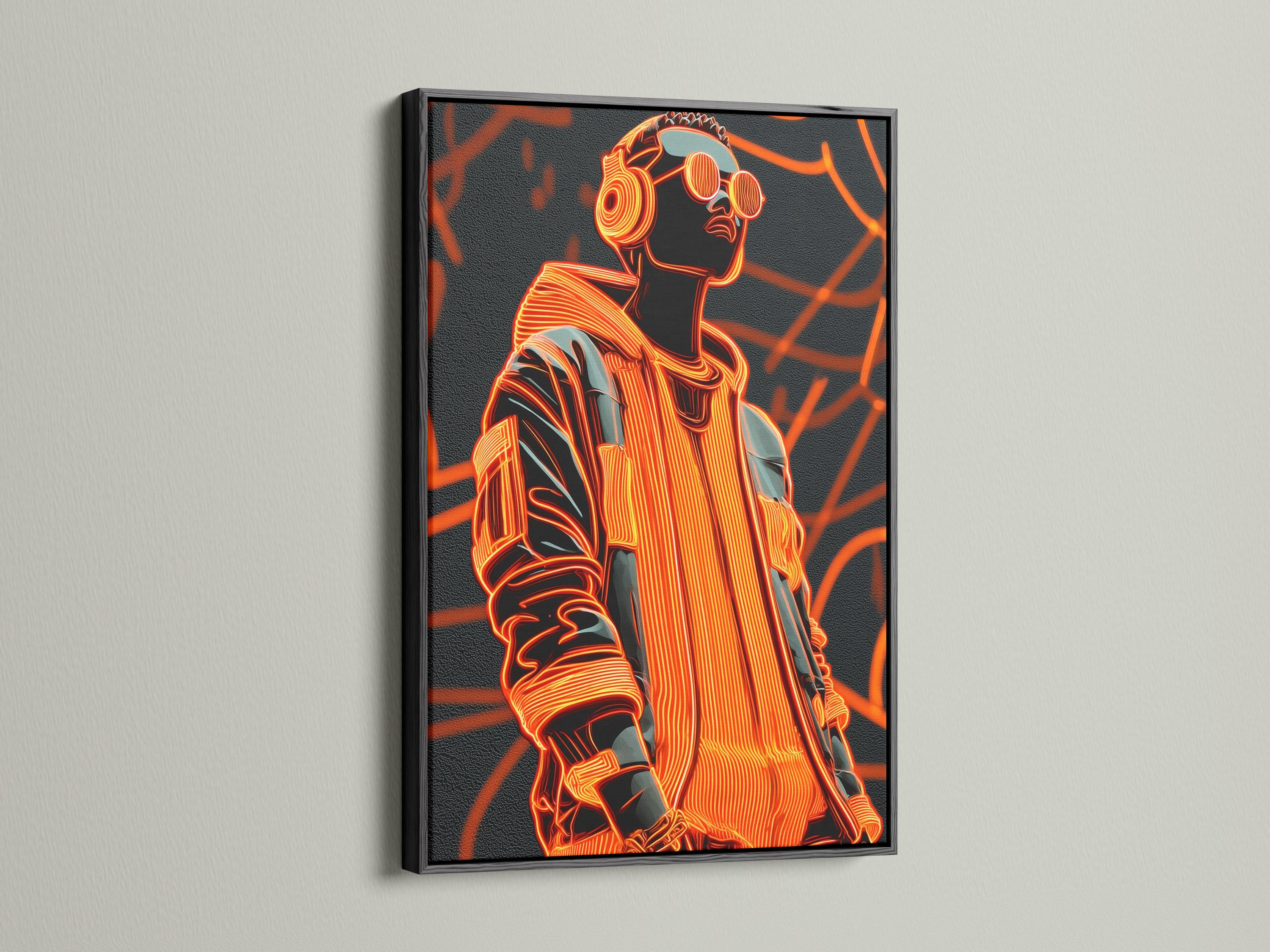 Portrait artwork mockup on a wall with dark grey and neon orange colours