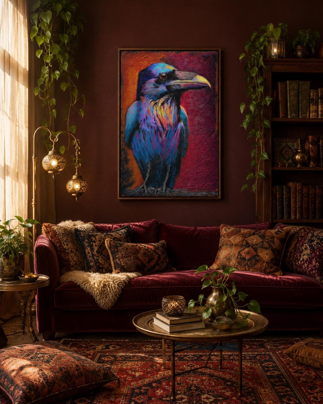 A raven portrait artwork displayed in a barbershop setting