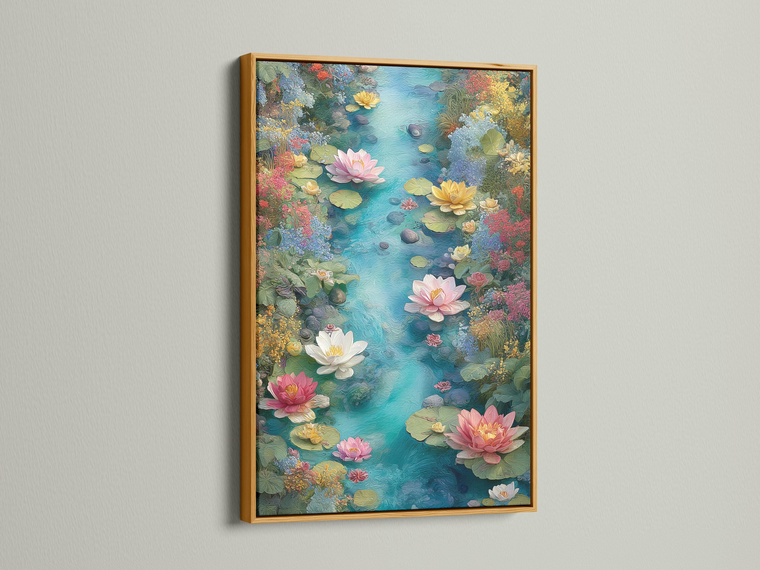 Lotus pond floral wall artwork mockup with teal water and pink blooms